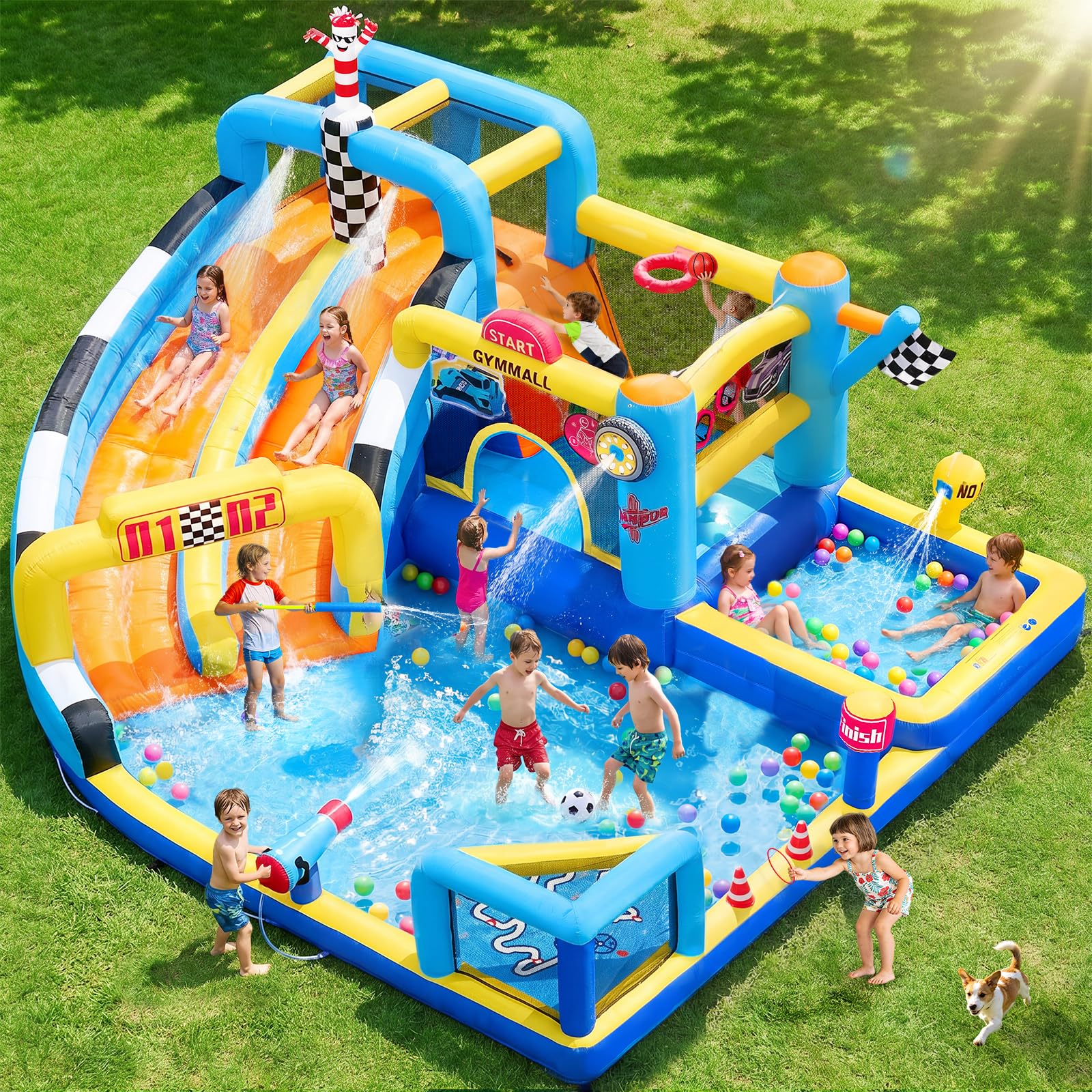 Château Gonflable de Course pour Enfants, Grand Château Gonflable 12 en 1 avec Souffleur 750W, Double Toboggan Aquatique, Pataugeoire, Zone de Saut, adapté pour l'intérieur et l'extérieur