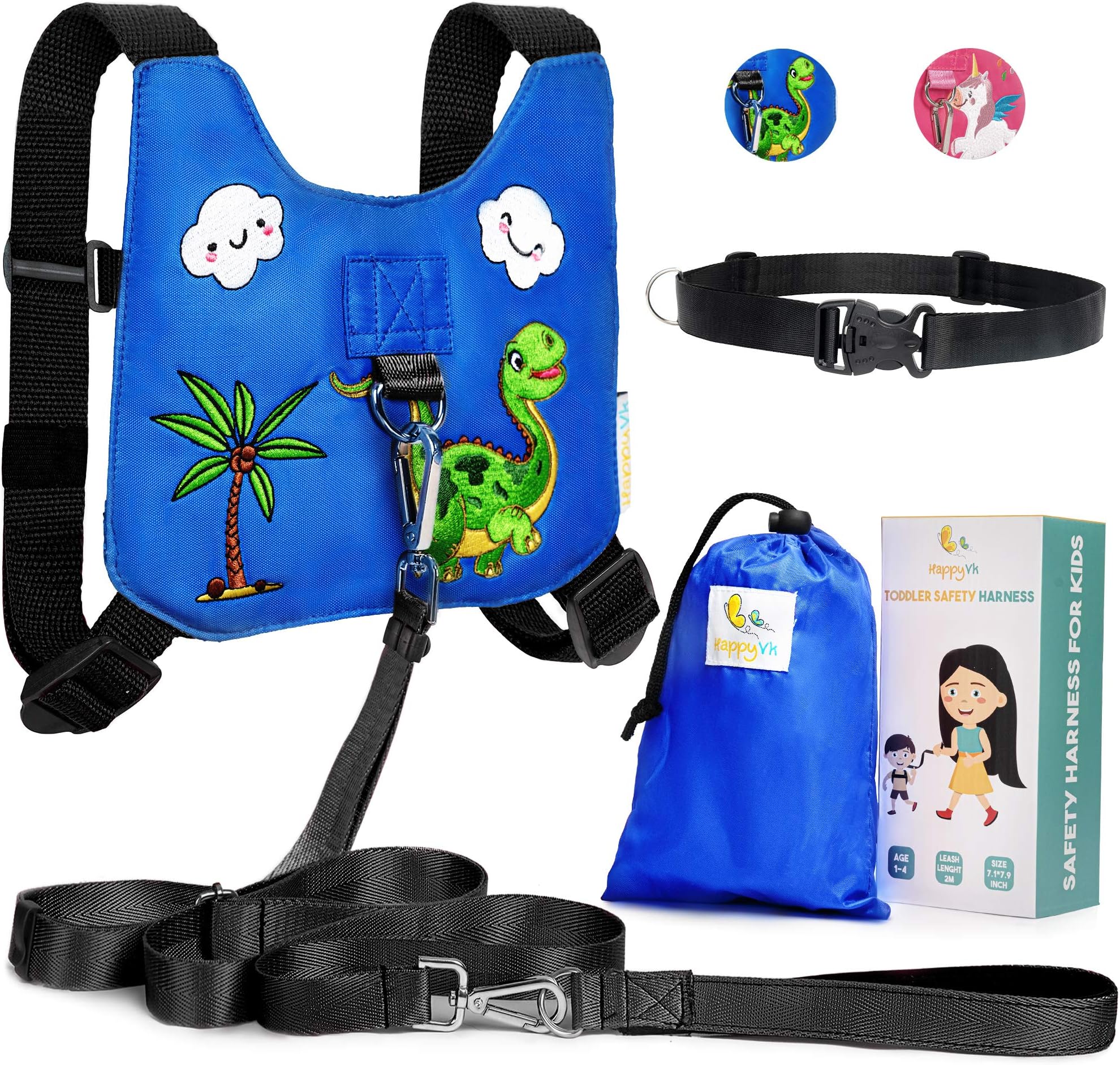 HappyVk Safety Harness for Kids-Anti Lost Walking Toddler Baby Leash-with Free Drawstring Storage Bag and Hands Free Belt for Parents-Cute Dinosaur Embroidery-Suitable for 1-4 Years Old Boys, Girls