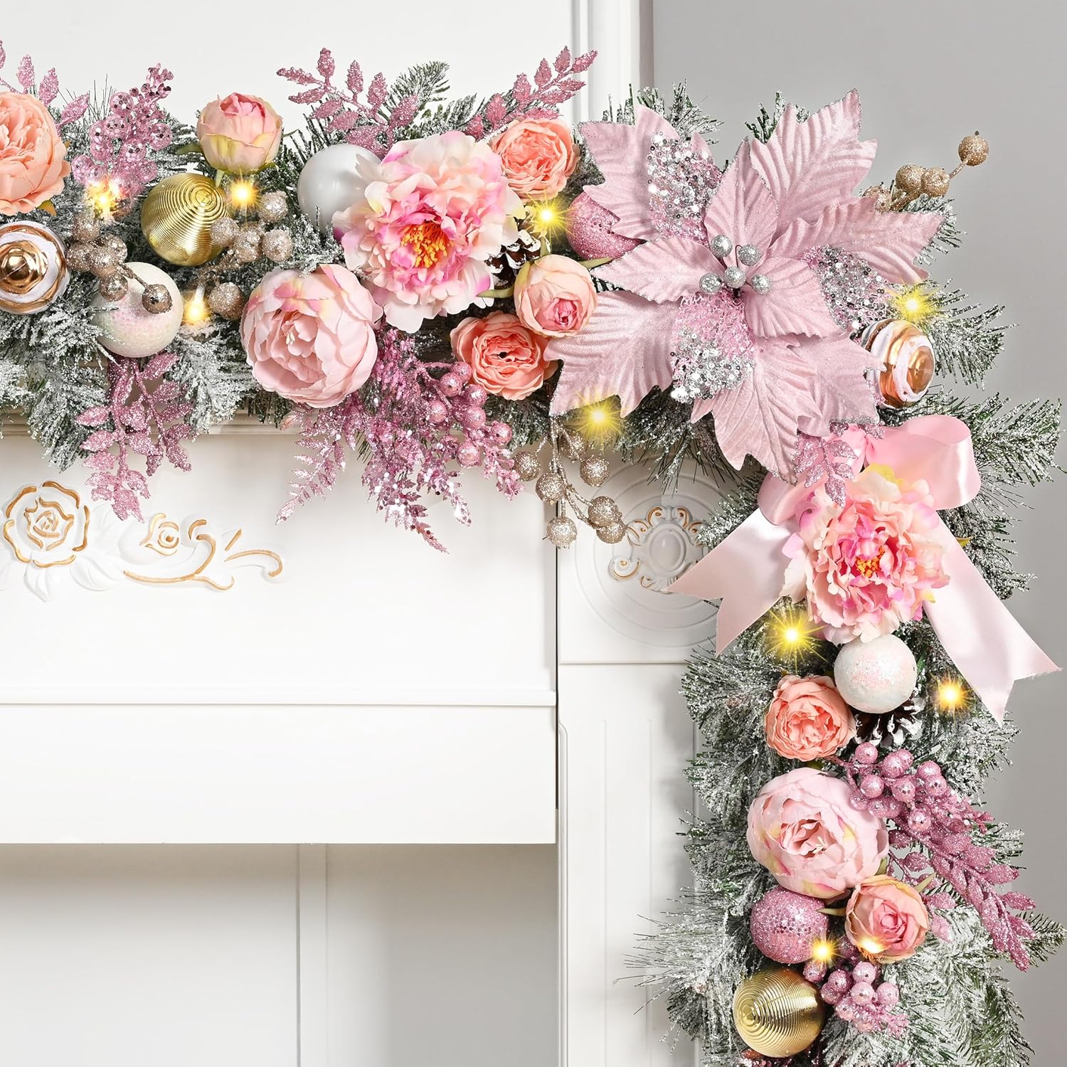 Waipfaru 6FT Christmas Garland with Lights, Pink Christmas Decor, Rose Gold Lighted Flocked Garland with Flower, Berries, Balls, Pinecone, Pink Garlands for Mantle Table Stairs Indoor Outdoor Decor