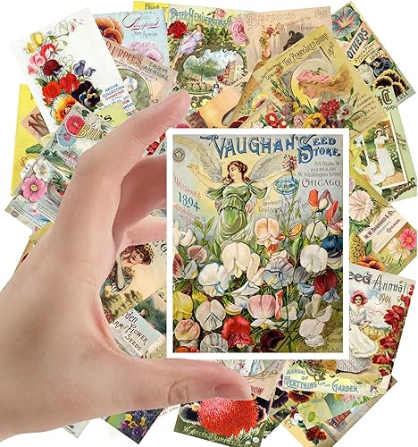 Calcomanías grandes (24 piezas de 2.5 x 3.5 pulgadas) Flores Vintage Semillas Bolsillos Jardines Pensamientos