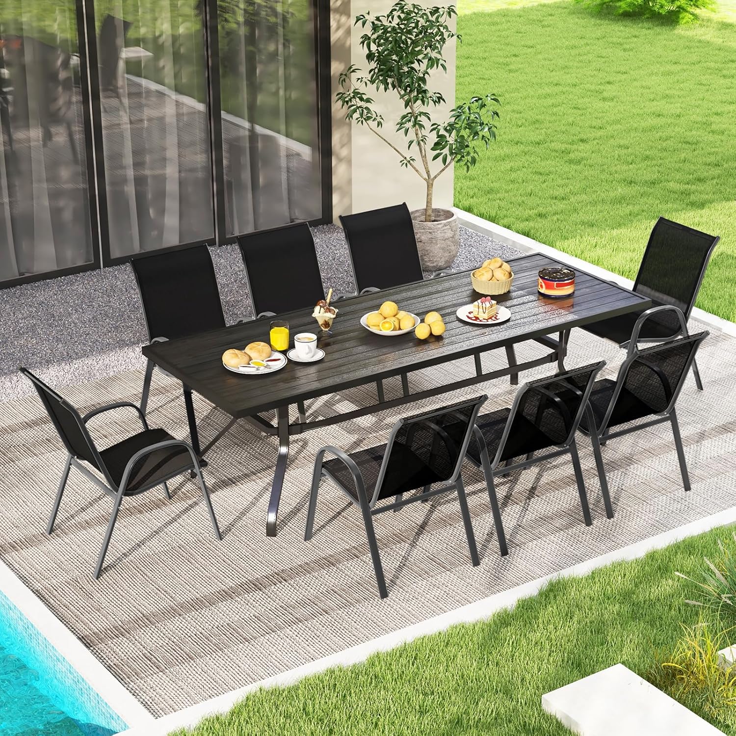 S AFSTAR Outdoor Chairs Set of 4, Stackable Patio Chairs with Armrests & Breathable Seat Fabric, Patio Dining Chairs Set for Porch, Poolside & Backyard (Black)