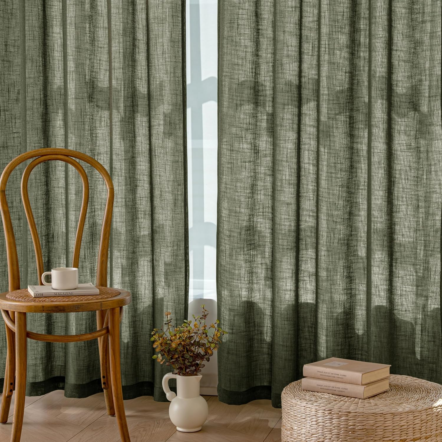 VISIONTEX Olive Green Green Linen Curtains 84 Inches Long for Bedroom Living Room 2 Panel Farmhouse Country Boho Style Back Tab Pocket Drape Light Filtering Semi Sheer Sage Aesthetic Decor