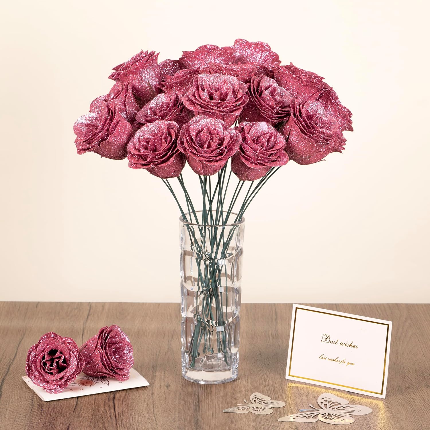 Glitter Roses Bouquet, 24 Roses DIY Fake Flowers Bouquet, Everlasting Shiny Artificial Rose Bouquet, Valentine's Day, Anniversary, Engagement, Wedding, Pink - Image 3