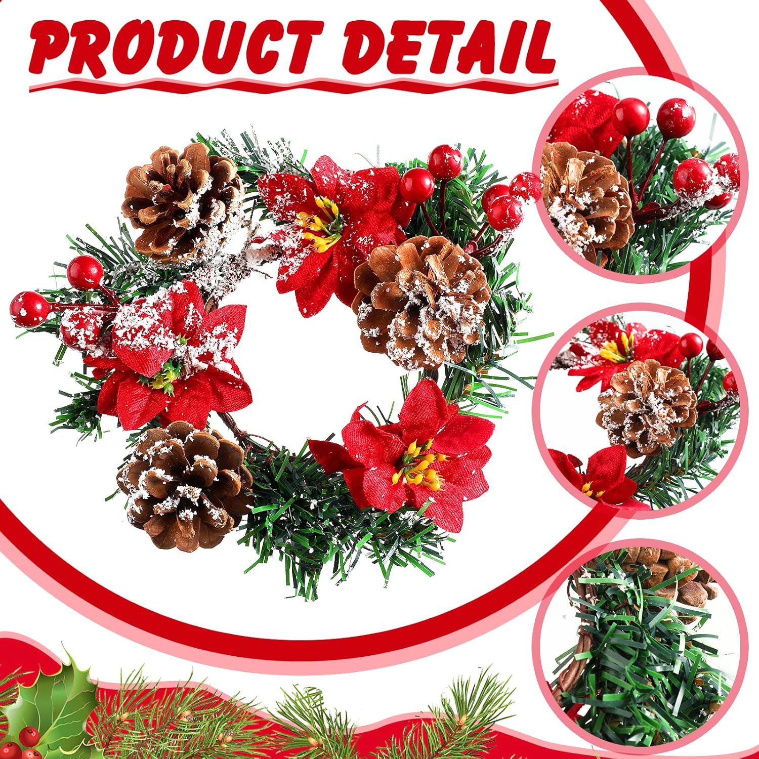 8 Pack 7 Inch Christmas Poinsettia Candle Ring, 4 Pcs Poinsettia Candle Holders and 4 Pcs Tealight Glass Wreath Table Centerpiece with Red Berries Snowy Pine Needles Votive for Xmas Home Party Decor