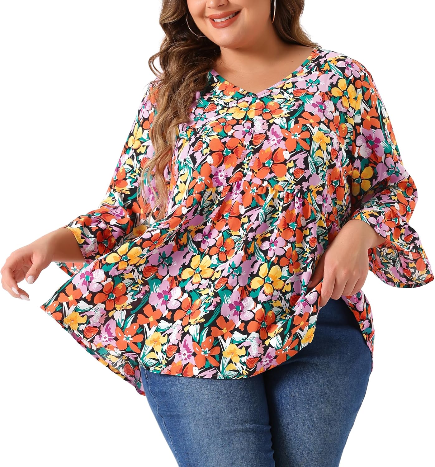 Agnes Orinda Plus Size Floral Blouses for Women V Neck Ruffle 3/4 Sleeve Babydoll Peplum Tops