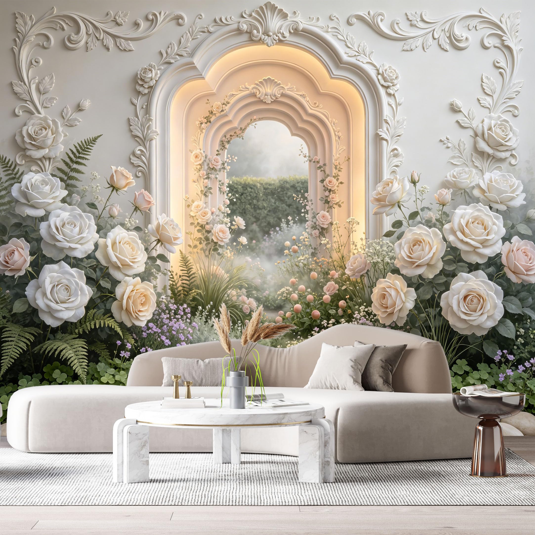 Custom Size Wall Murals White Rose Archway Botanical 3D Trompe L'Oeil SelfAdhesiveWall Fabric Removable Wallpaper Wall Decor for Living Room Bedroom Bathroom