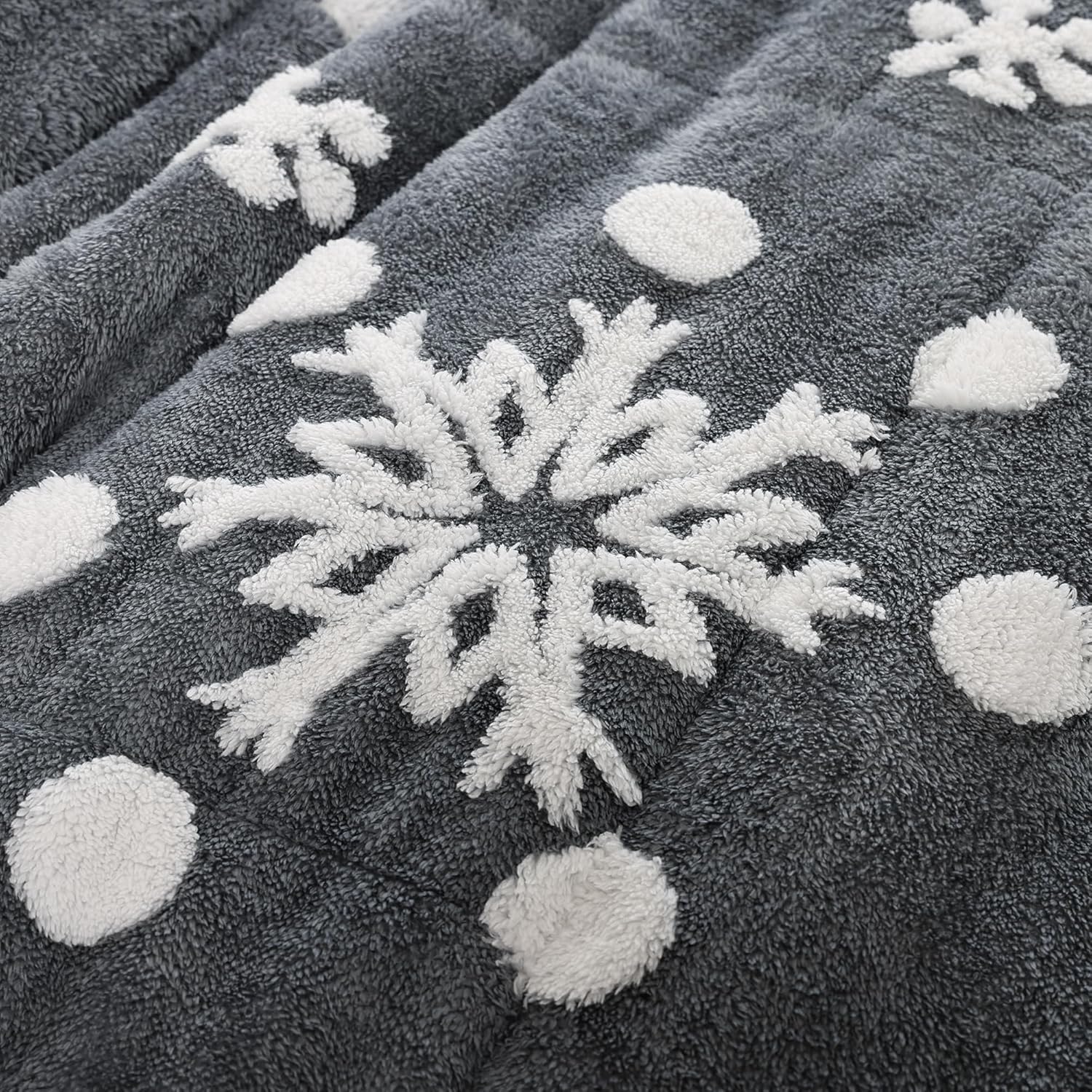 JANZAA Queen Comforter Set Christmas Bedding with White Snowflake Stereoscopic on Grey Comforter Soft Velvet Comforter Set,Dark Grey.