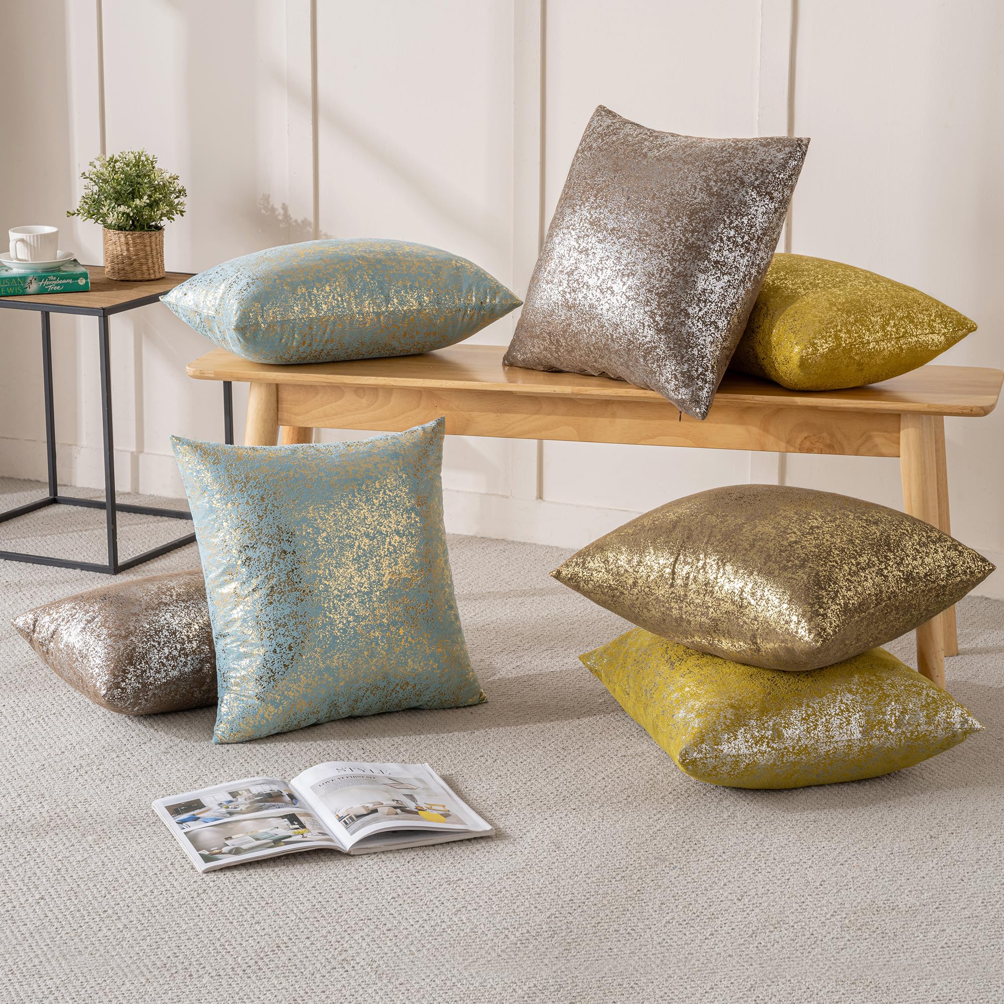 JELLYMONI Pack Of 2 Velvet Throw Pillow Covers 22x22 Inch - Gold Leaves Feather Design For Couch Decor