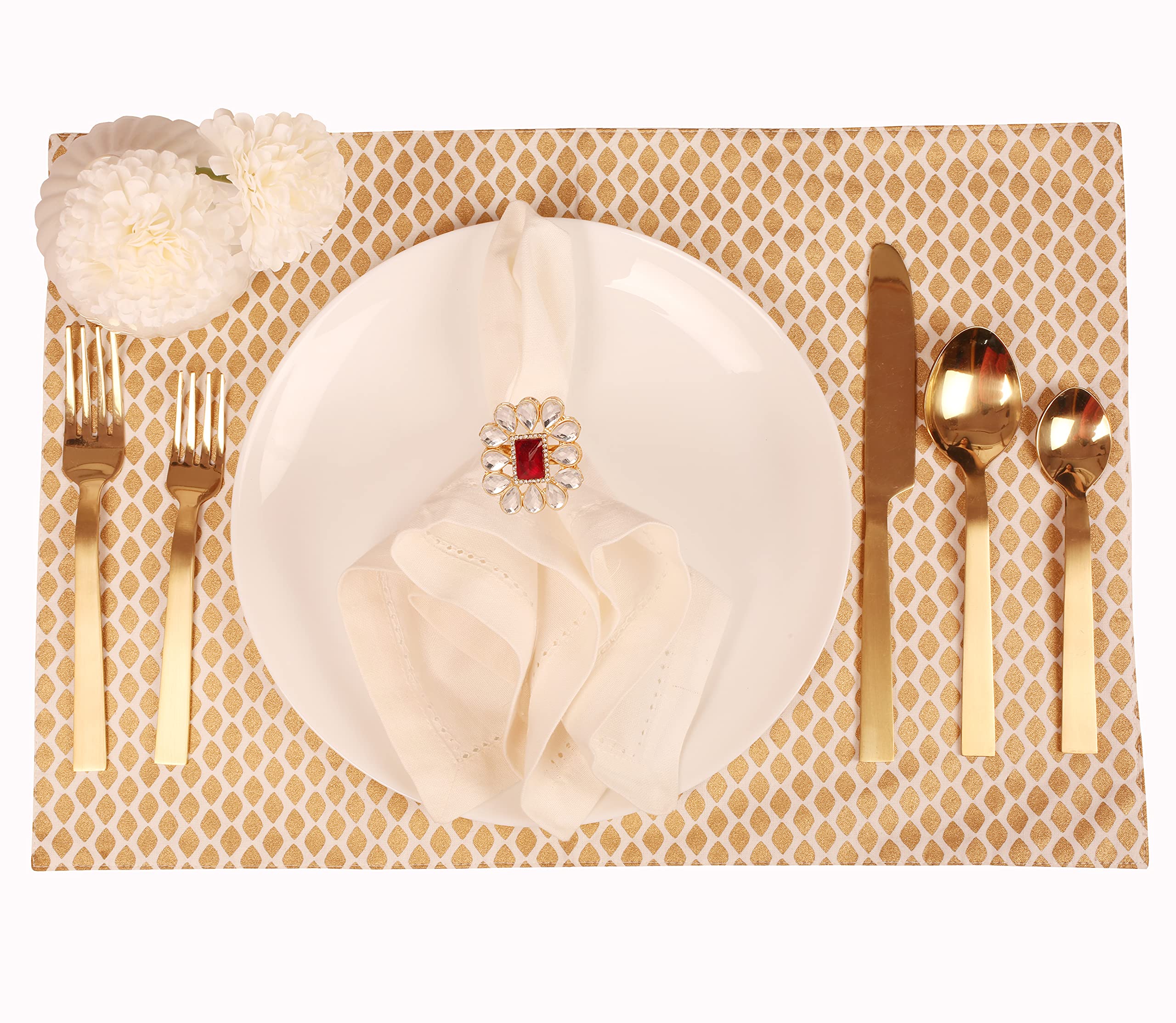 Lot de 12 magnifiques ronds de serviette faits à la main - Motif floral - Strass de couleur dorée - Pour fête, table à manger