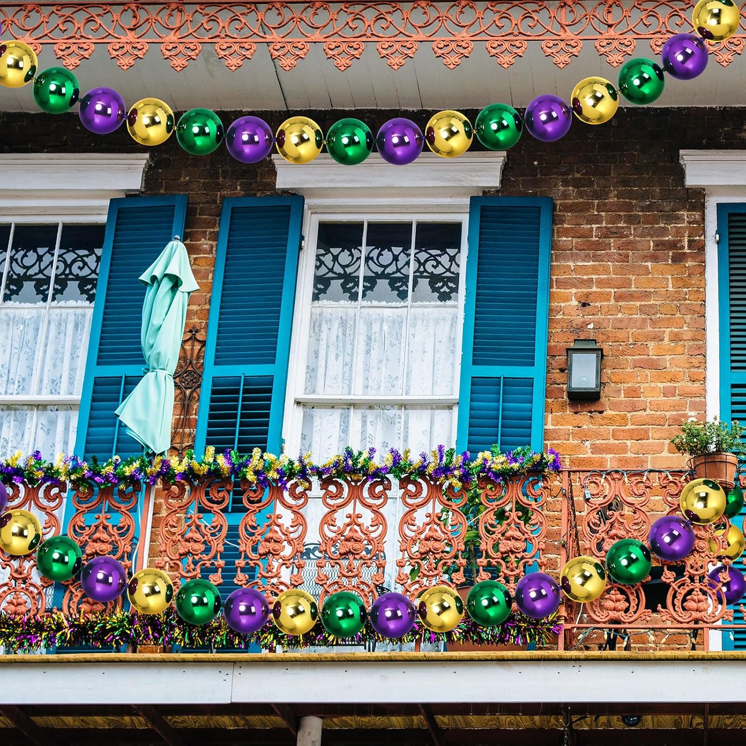9.84ft Jumbo Mardi Gras Beads Garland Decoration Metal Gold Green Purple Hanging Banner for Outdoor Indoor Carnival Parade Party Front Door Fence Wagon Garden Decorations(Classic Style)