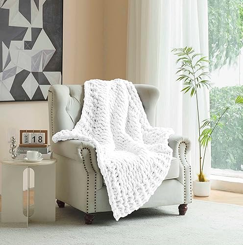 Miniatura 2 de Manta de felpilla de punto grueso, 100% tejida a mano con hilo de felpilla jumbo, suave y acogedora para decoración del hogar y sofá cama (blanco 24