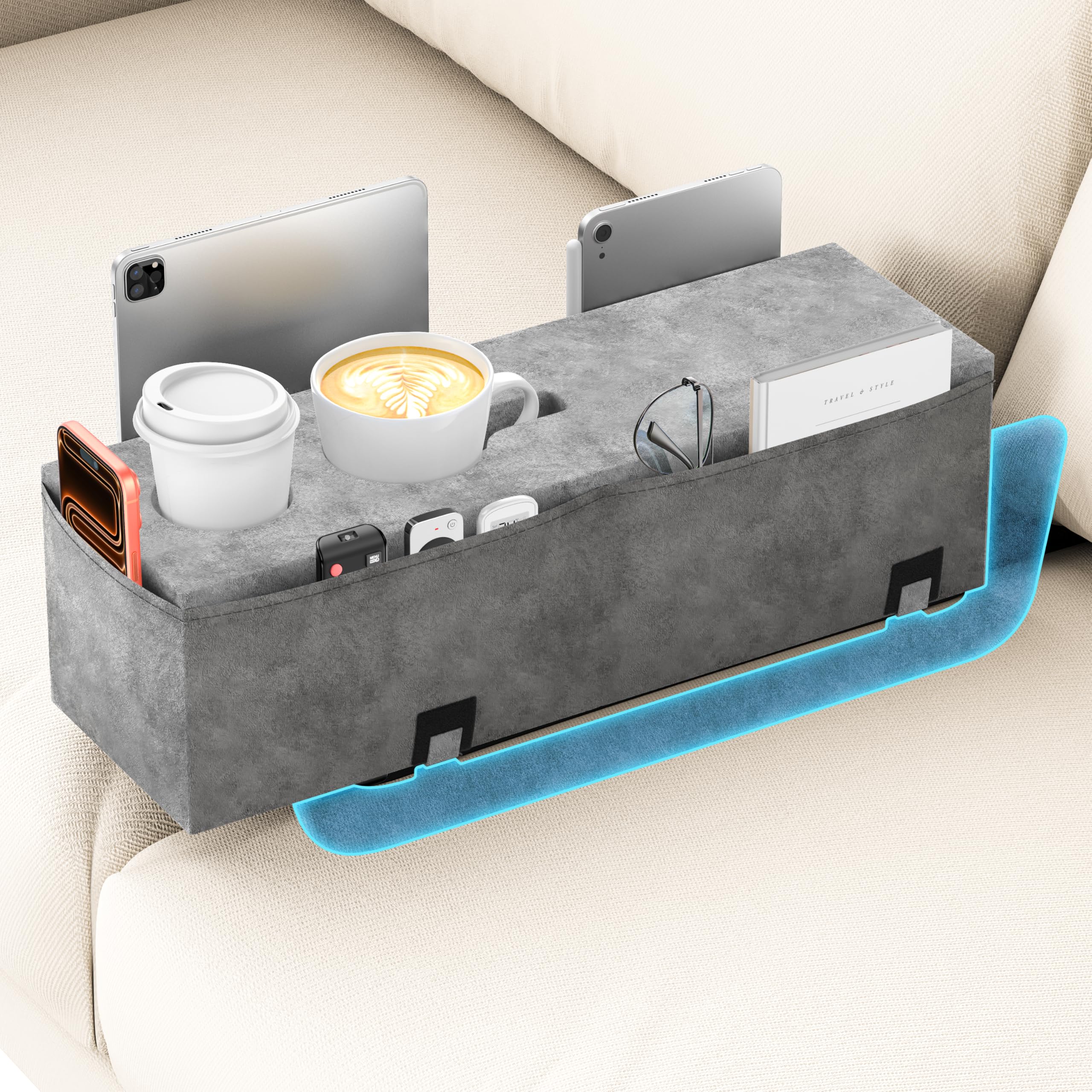Heyife Sofa Armlehnen Kissen mit Getränkehalter, Abnehmbarer Organizer mit 4 Seitentaschen & Couch Cup Holder, Sofa Zubehör Aufbewahrung für 