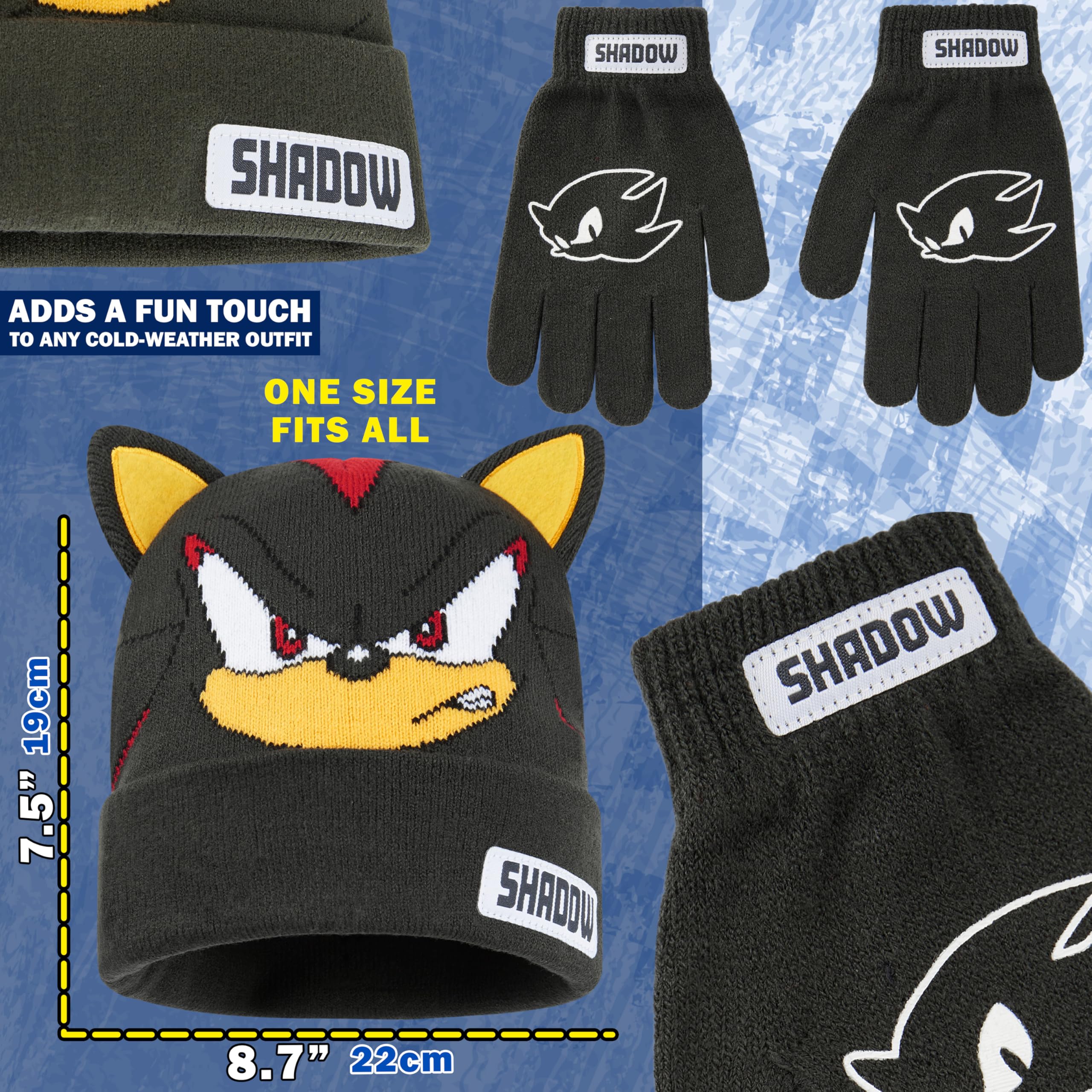SONIC THE HEDGEHOG Czapka beanie i zimowe rękawiczki zestaw dla chłopców w wieku 4-12 lat, ciepłe, przytulne dzianinowe akcesoria zimowe, prezenty dla chłopców
