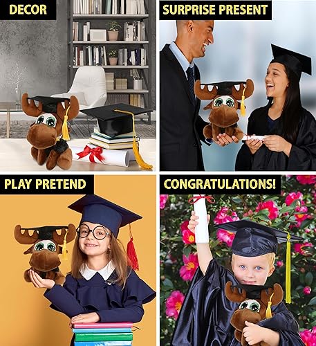 Miniatura 4 de DolliBu Sparkle Eyes Alce - Peluche de graduación de alce, vestido de peluche de graduación súper suave y gorra con traje de borla con
