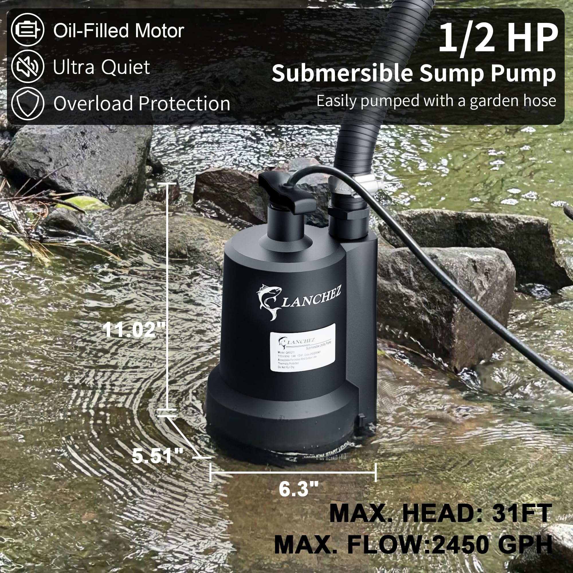 Pompe d’évacuation 1/2 HP 6500 L/h, Hauteur de refoulement max : 6 m, Pompe utilitaire scellée pour Pond
