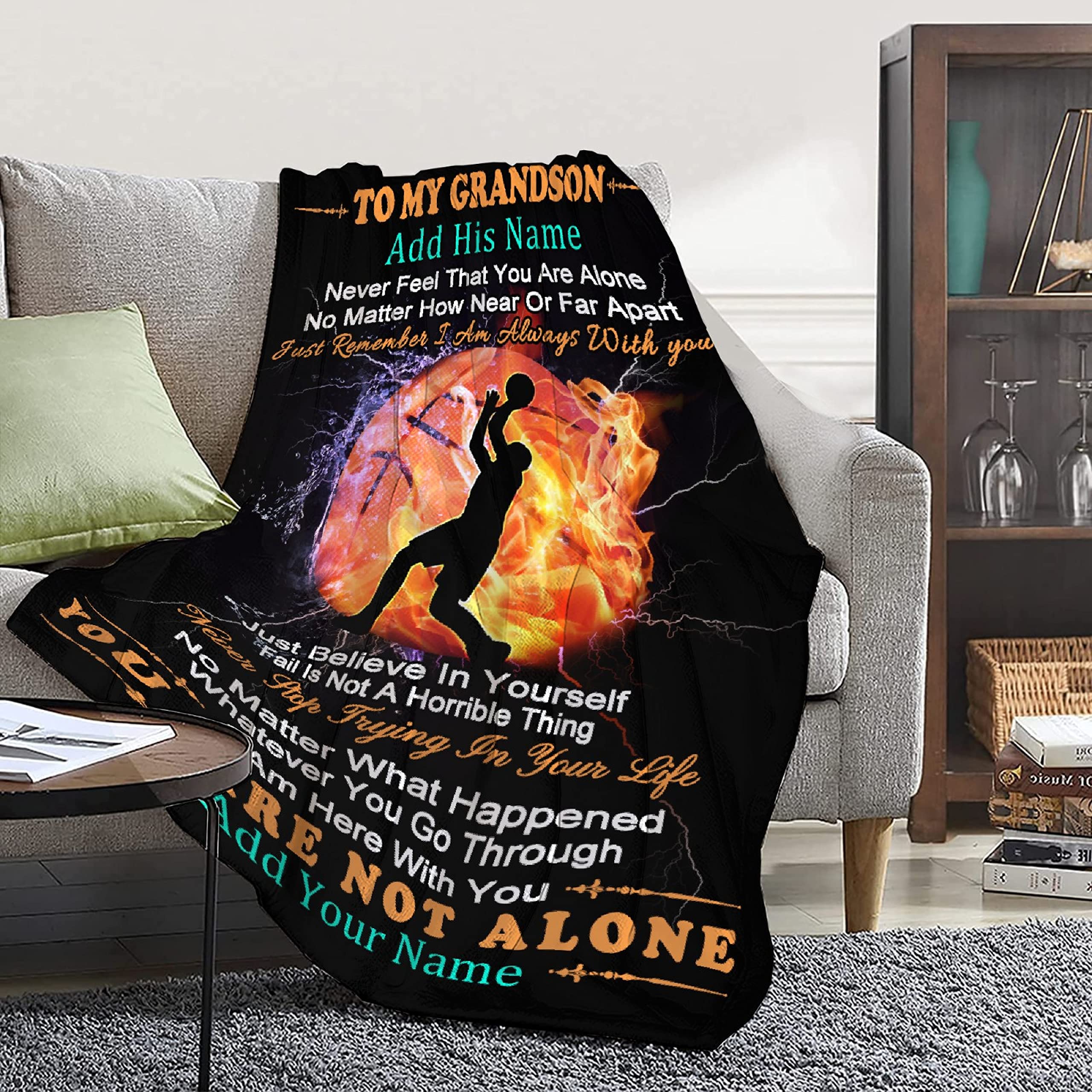 Personalized Grandson Name Blanket from Grandma Grandpa 60x80 Inches Custom Boy Name Gift Super Soft Lightweight Basketball Throws Summer Travel Blankets Birthday Present Decor Bed Couch Sofa-Twin