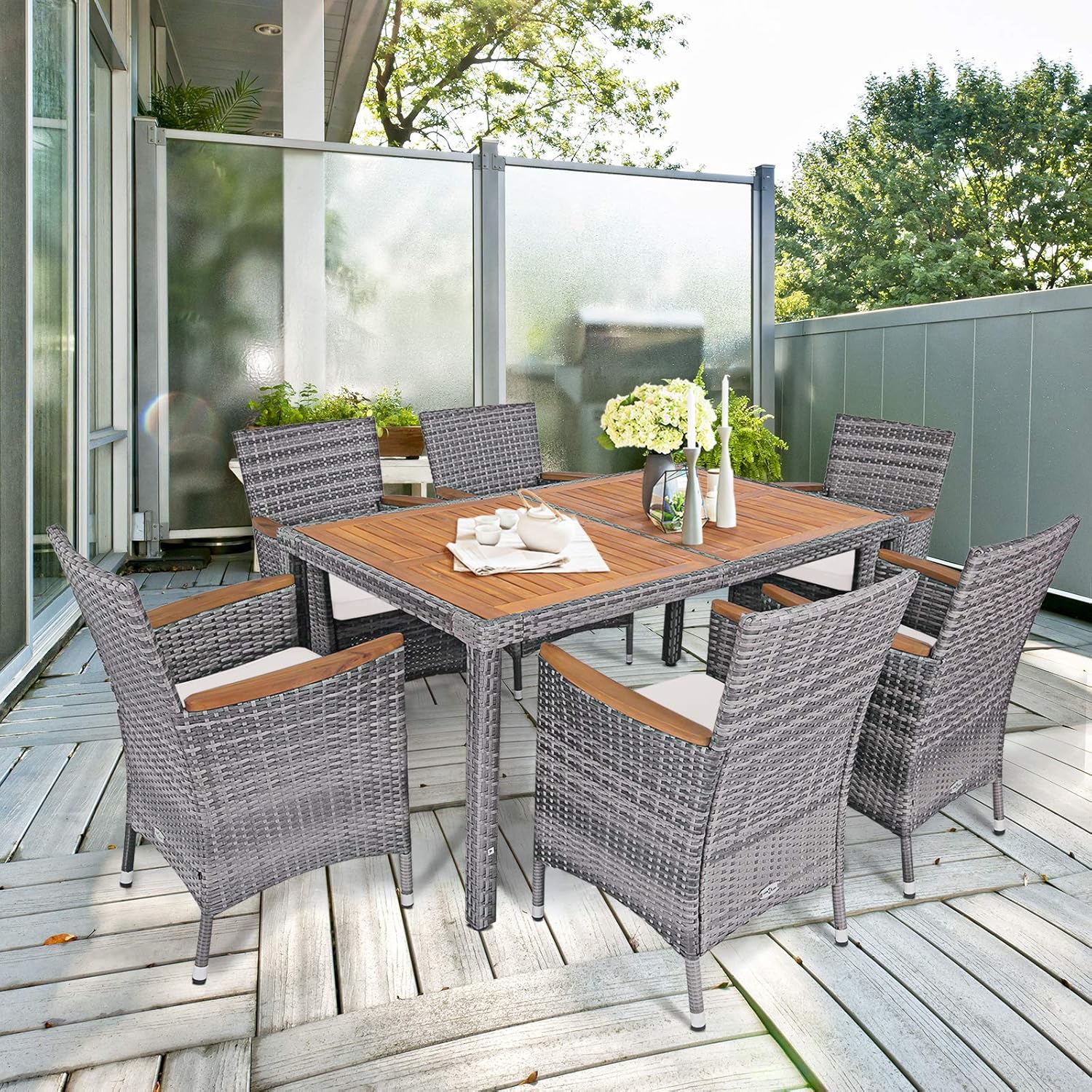 Tangkula 7 Pieces Outdoor Dining Furniture Set, Patio Rattan Conversation Set with Spacious Acacia Wood Table, 6 Chairs with Widened Armrests, Non-slip Foot Pads, Suitable for Backyard Poolside (Grey) : Patio, Lawn & Garden