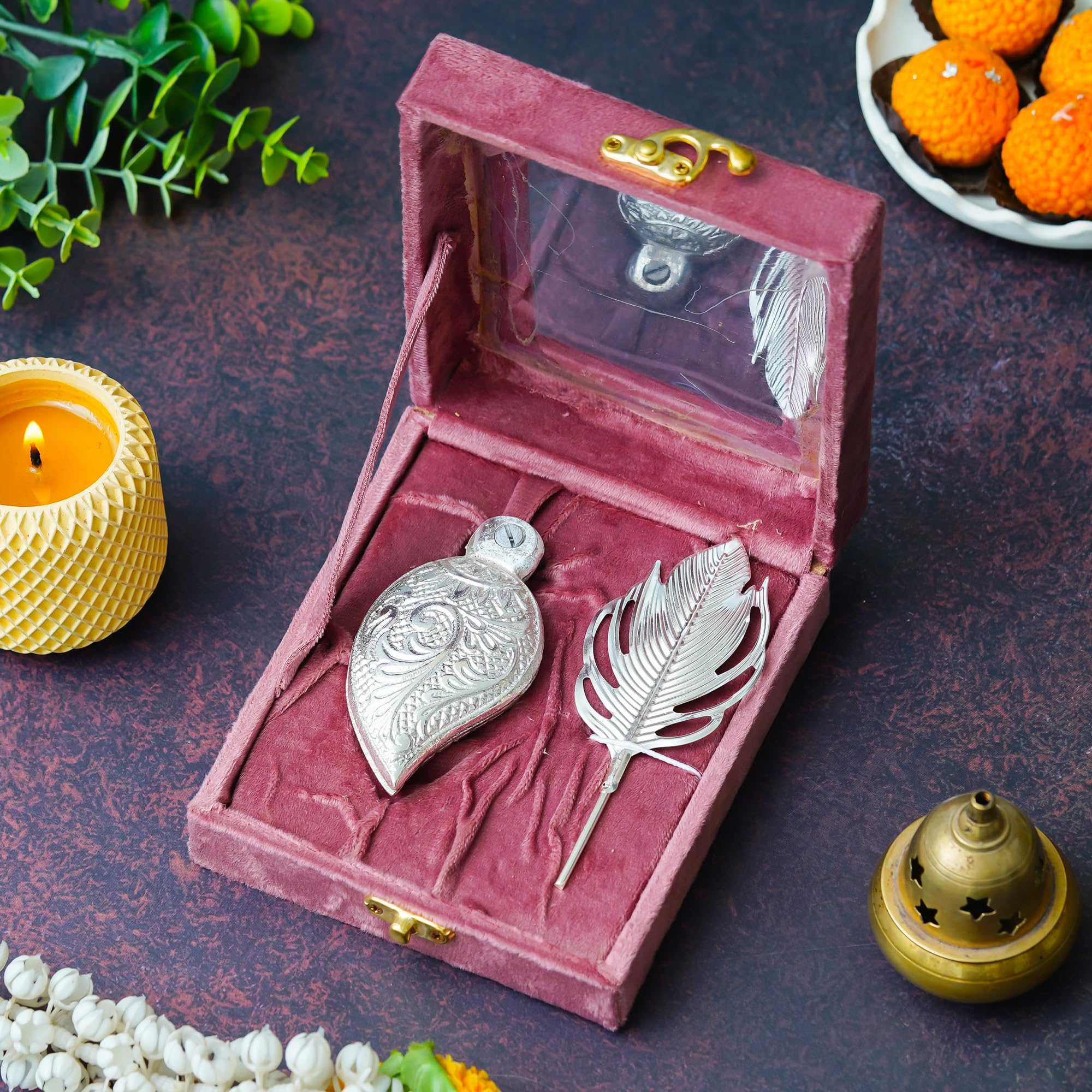Webelkart Antique Silver Plated Kumkum Box With Leaf And Red Velvet Box | Tilak Kumkum Box for Puja Worship - Navratri and Diwali Return Gift,Sindoor Box, Roli Chawal Box (5" Inches)-image-28
