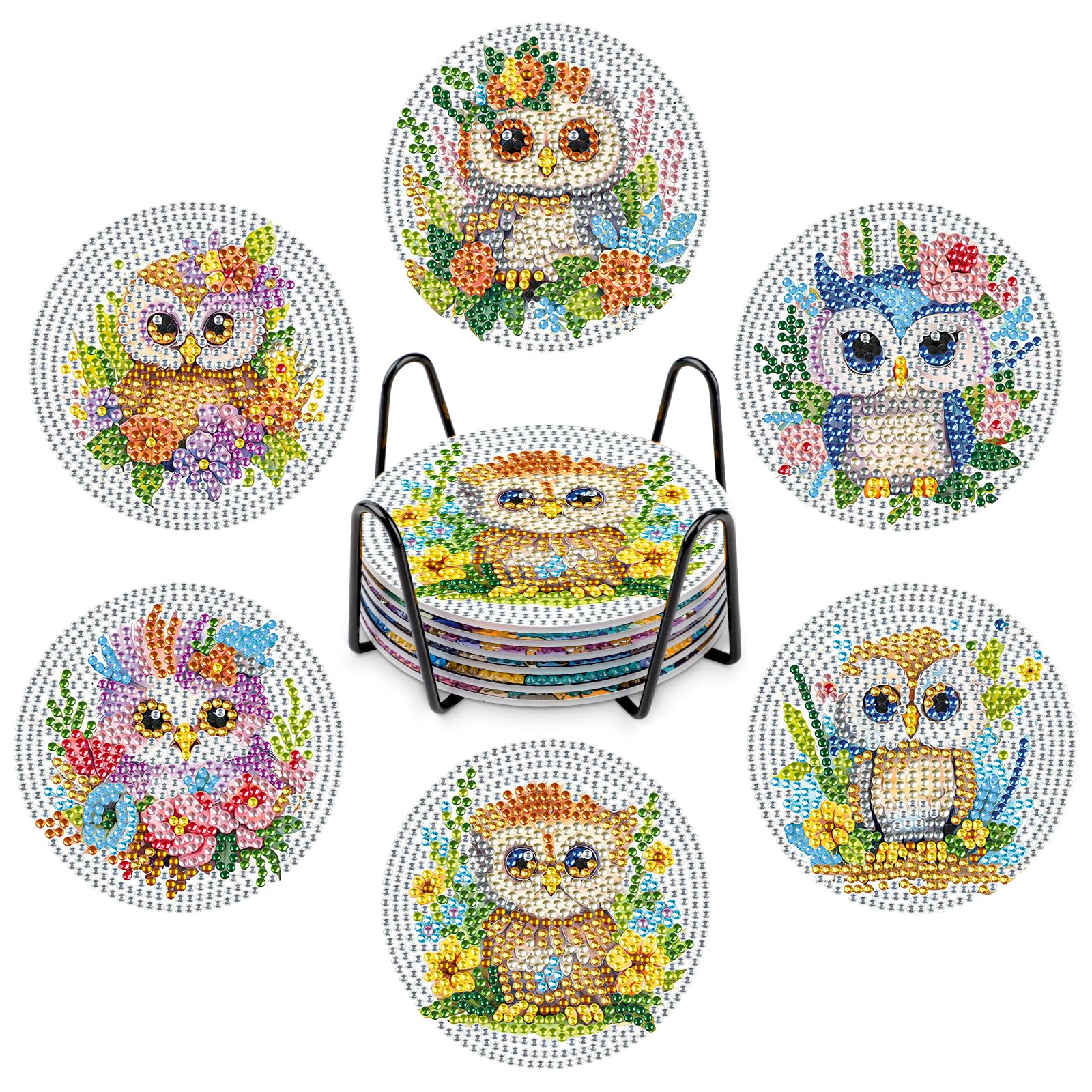 NAIMOER Kit 6 Sottobicchieri Per Pittura A Mosaico Con Animali Gufo - Fai Da Te Con Strass, Supporto E Tappetino In Sughero