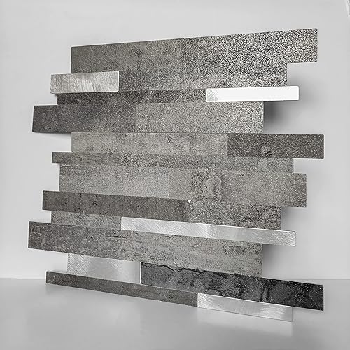 COLAMO Azulejos de piedra sintética gris cemento de lujo, azulejos de mosaico de mezcla de metal de aluminio plateado para salpicaduras de cocina,