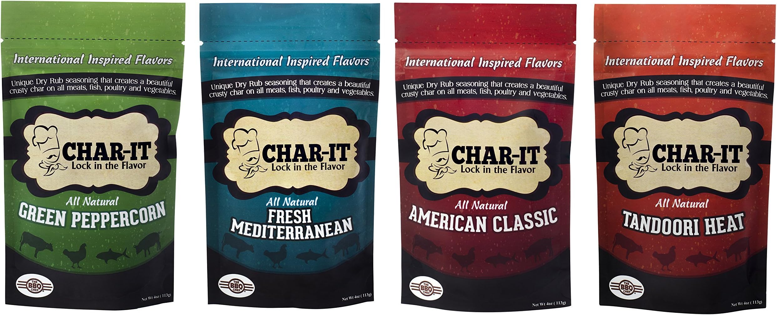 The BBQ Chef Char-it Spice Rub Combination Pack (Green Peppercorn, Fresh Mediterranean, American Classic, Tandoori Heat) - 4 pack 4oz (113g) per pack, Lock in the flavor