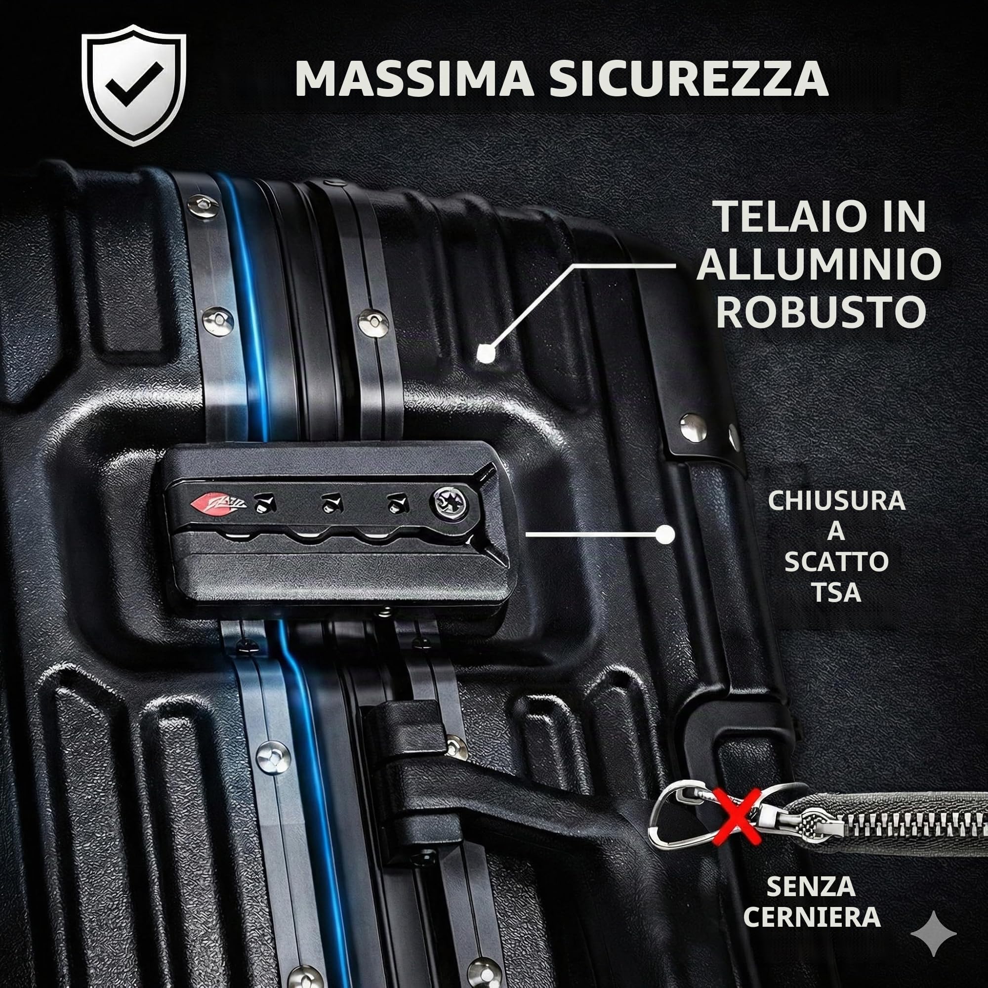 po POSH Valigia pilota - Trolley business 37L 45x43x25 cm policarbonato- Bagaglio a mano telaio in alluminio e chiusura a scatto - Lucchetto TSA, con 4 ruote