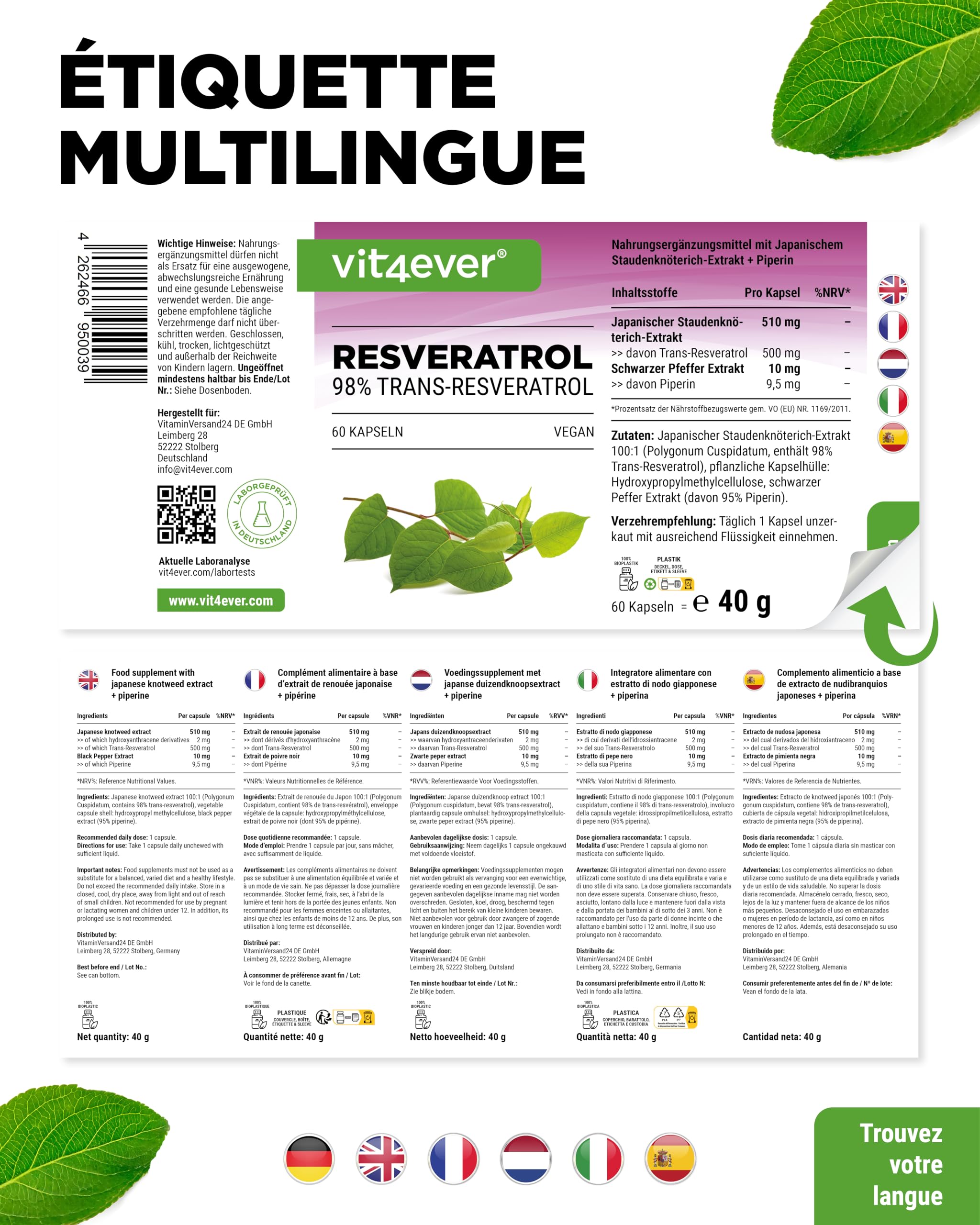 Resvératrol - 520 mg par Gélule - 98% Trans-Resvératrol de l'Extrait de Racine de Renouée du Japon 100:1 + Pipérine pour une Biodisponibilité Optimisée - 60 Gélules - Hautement Dosé - Vegan