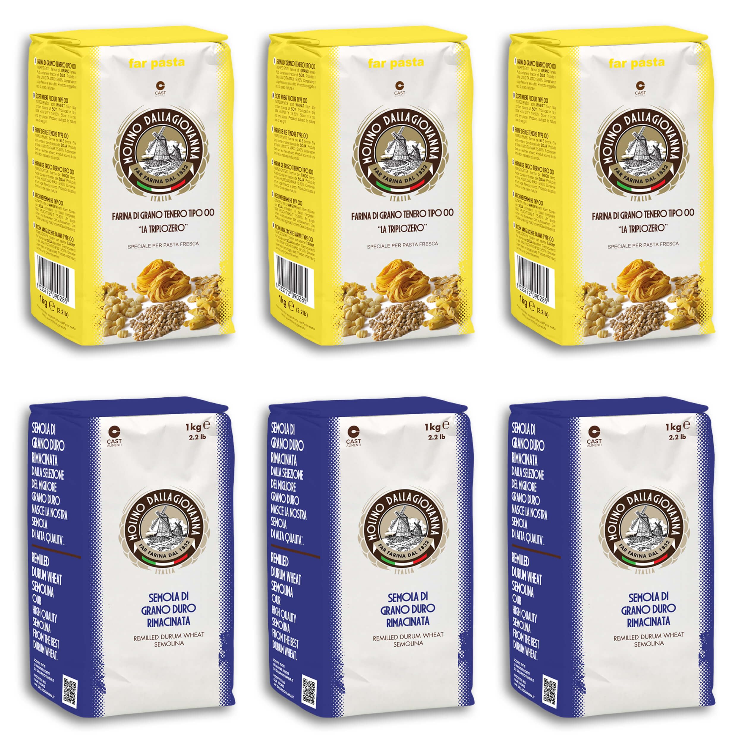DELICRET - Pastamehl Set | 3x 1kg Pasta Mehl Typ 00 + 3x 1kg Semola Rimacinata von der Mühle Molino Dallagiovanna | Nudelgriess hartweizengrieß nudelmehl