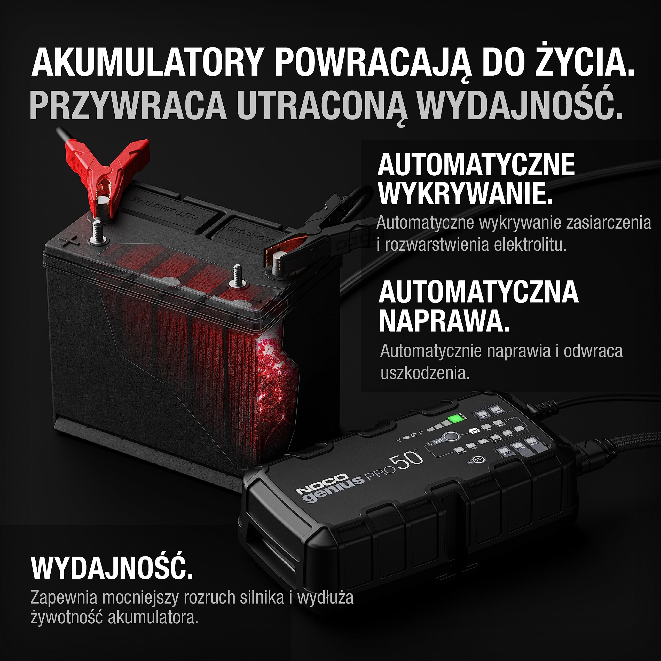 Noco GENIUSPRO50 Ładowarka, Czarny, 23 x 13,5 x 7,5 cm | Tryb zasilania, ochrona przed przeładowaniem, odsiarczacz, kompensacja temperatury, tryb siły, do kwasu ołowiowego i litowego