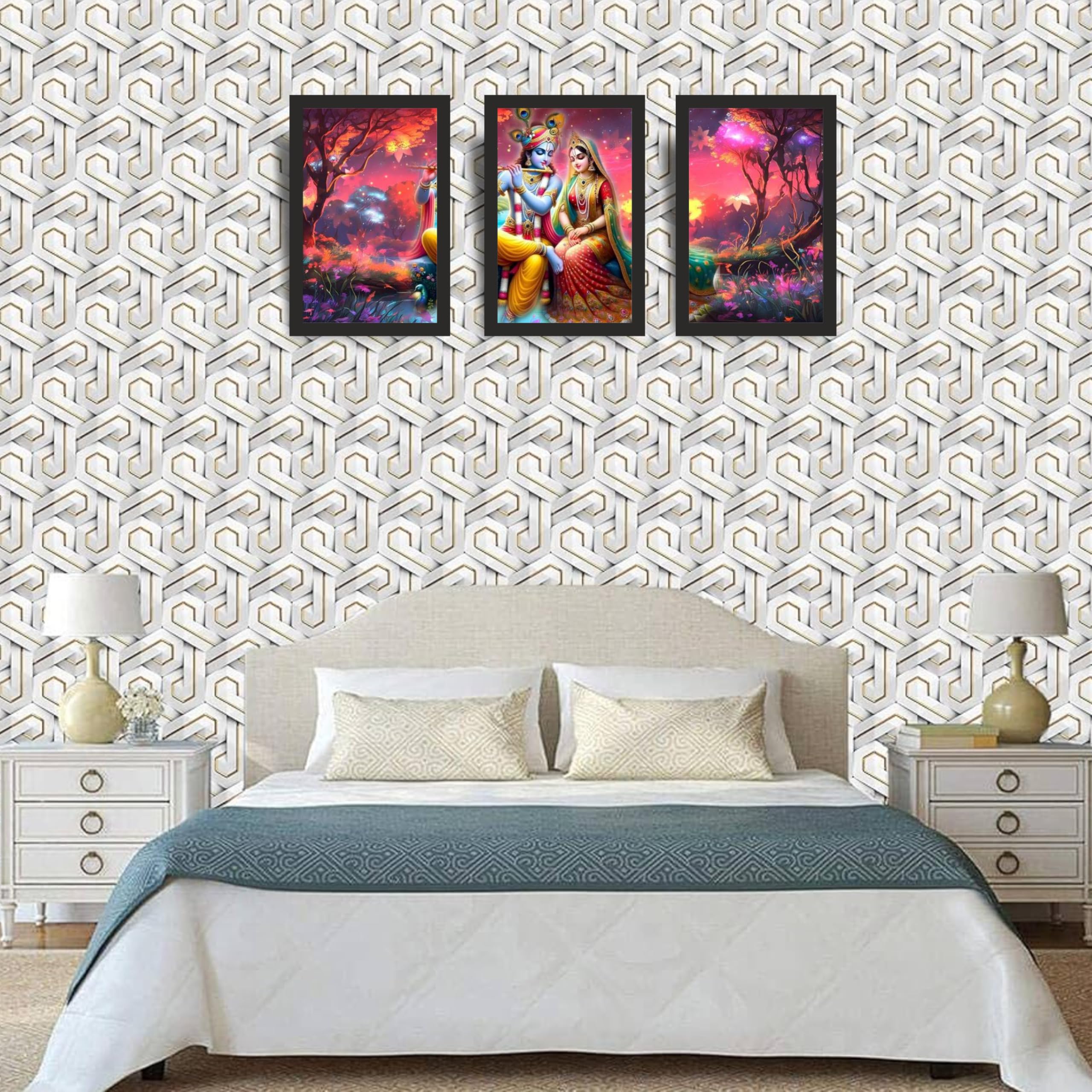 Radha Krishna Pink Twilight Digital Wall Art Set of 3