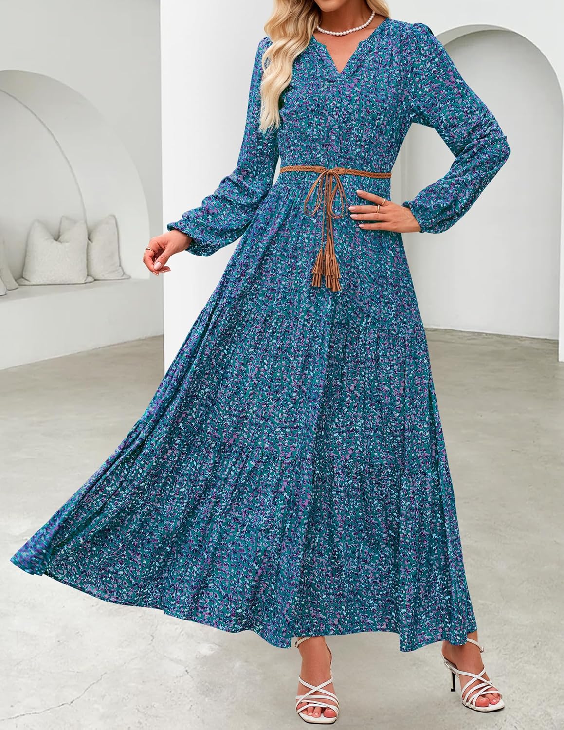 ZESICA Spring Dresses for Women 2026 Long Sleeve Boho Floral V Neck Empire Waist A Line Casual Flowy Wedding Guest Maxi Dress - Image 5