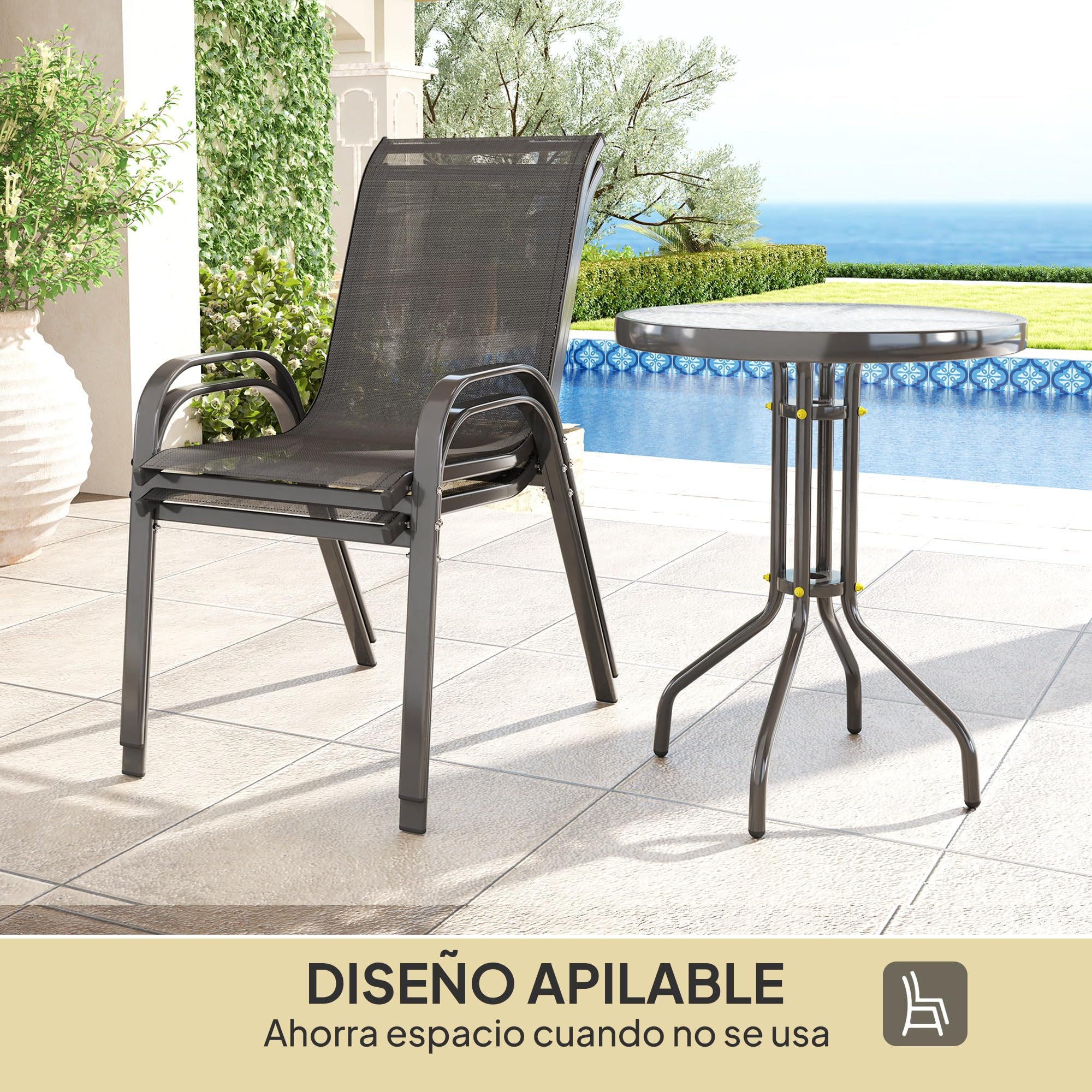 Outsunny Conjunto de Mesa y Sillas de Terraza Exterior de 3 Piezas, Muebles de Jardín Exterior con Sillas Apilables, Encimera de Vidrio y Estructura de Acero, para Patio, Negro