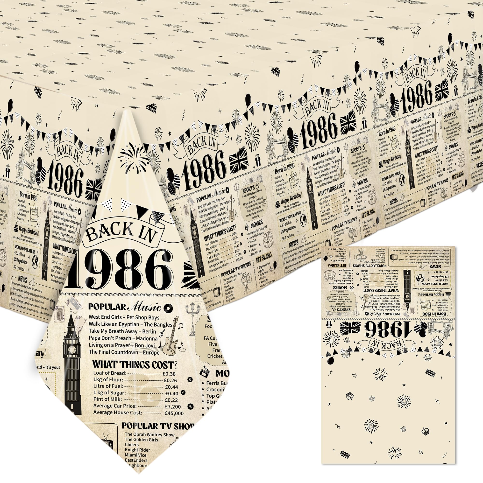 JoyAura 40th Birthday Table Cloth - Vintage Table Cover Back in 1986 Birthday Decorations for Him Her, 137x274cm Plastic Rectangular Dining Tablecloth for Women Men Birthday Party Supply