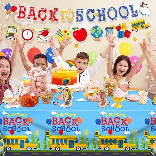 Miniatura 7 de durony Mantel de fiesta de bienvenida de regreso a clases, paquete de 2 manteles de plástico, paquete de 2 carteles de fiesta para el primer día
