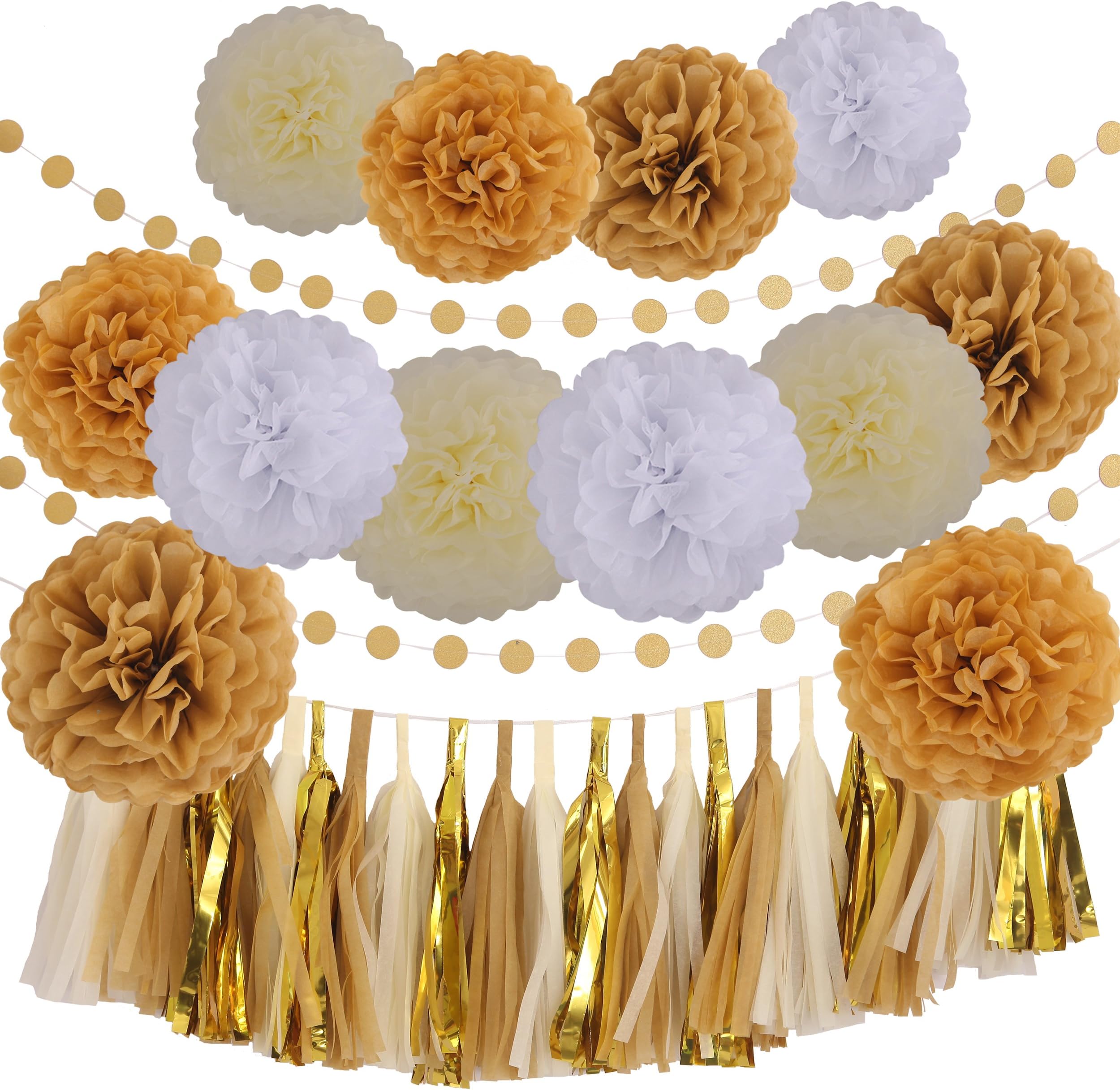 LyButty 35 Pcs Gold White Khaki Cream Party Decoration Kit with Tissue Paper Pom Poms Flowers Tissue Tassel Garland Polka Dot Paper Garland Perfect for Birthday Wedding Baby Bridal Shower Party Decor
