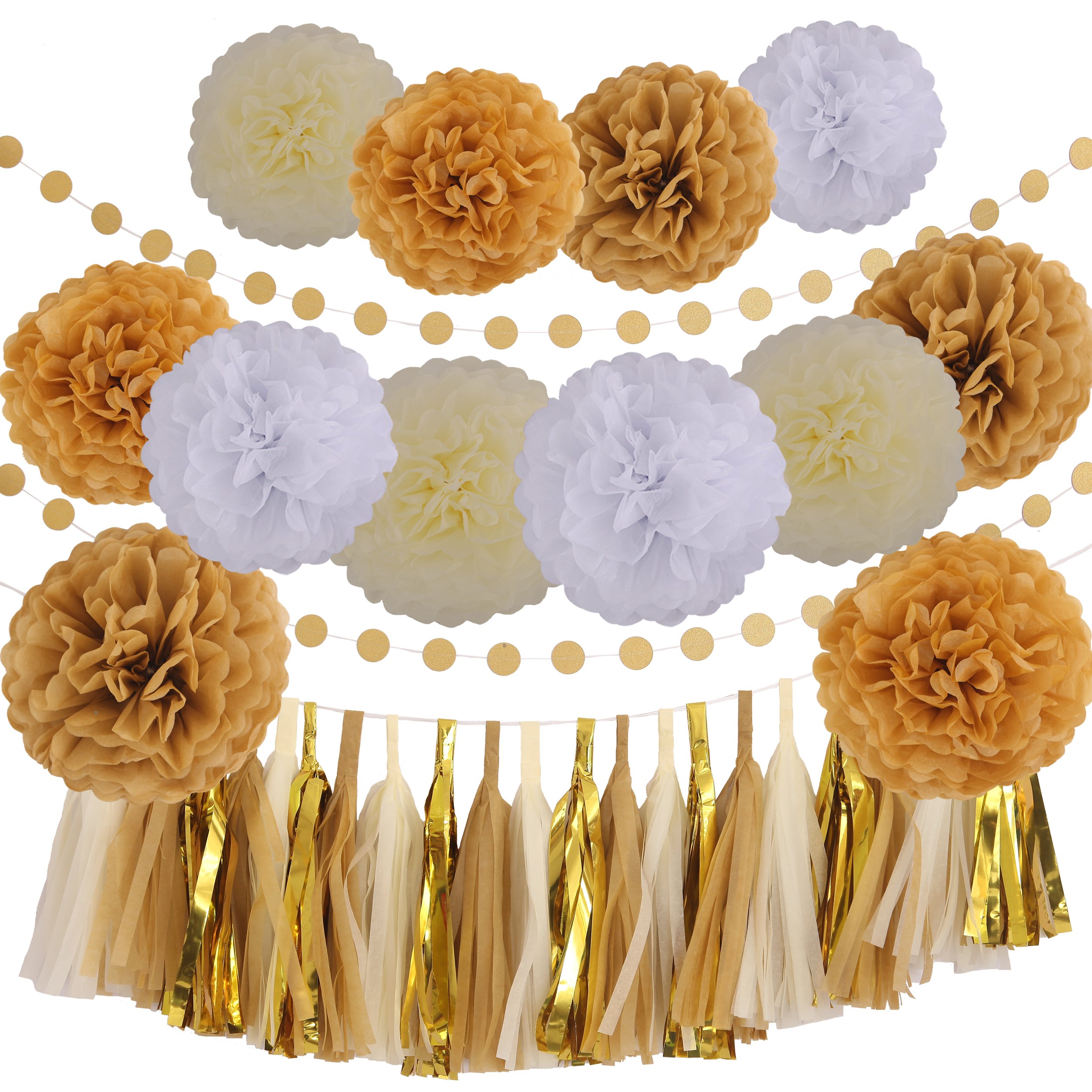 LyButty 35 Pcs Gold White Khaki Cream Party Decoration Kit with Tissue Paper Pom Poms Flowers Tissue Tassel Garland Polka Dot Paper Garland Perfect for Birthday Wedding Baby Bridal Shower Party Decor