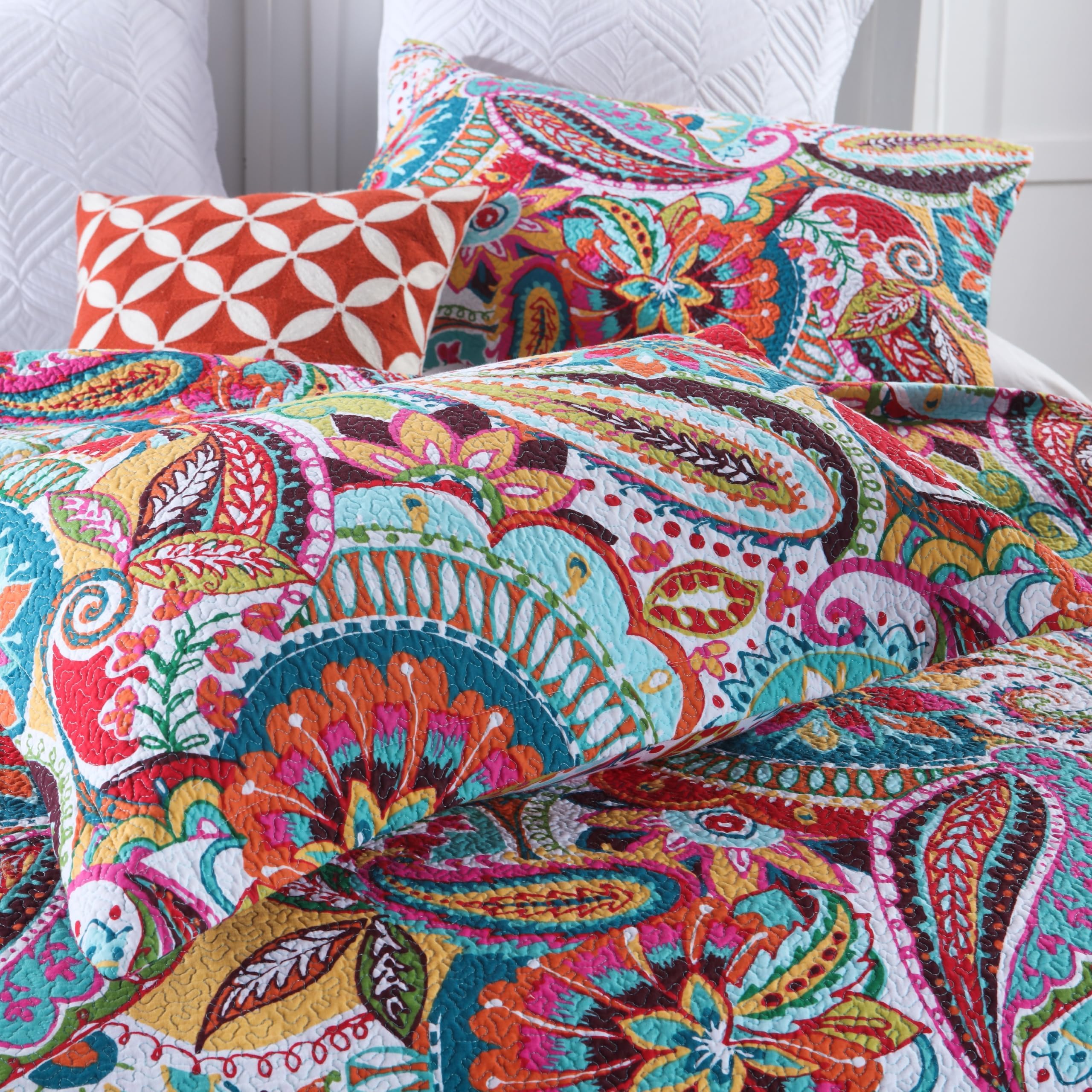 Qucover Copriletto Matrimoniale Estivo in Cotone, Trapuntino Boho 250x270cm, Colorato Copriletti Trapuntato con Due Federe con Motivo Paisley Fantasia