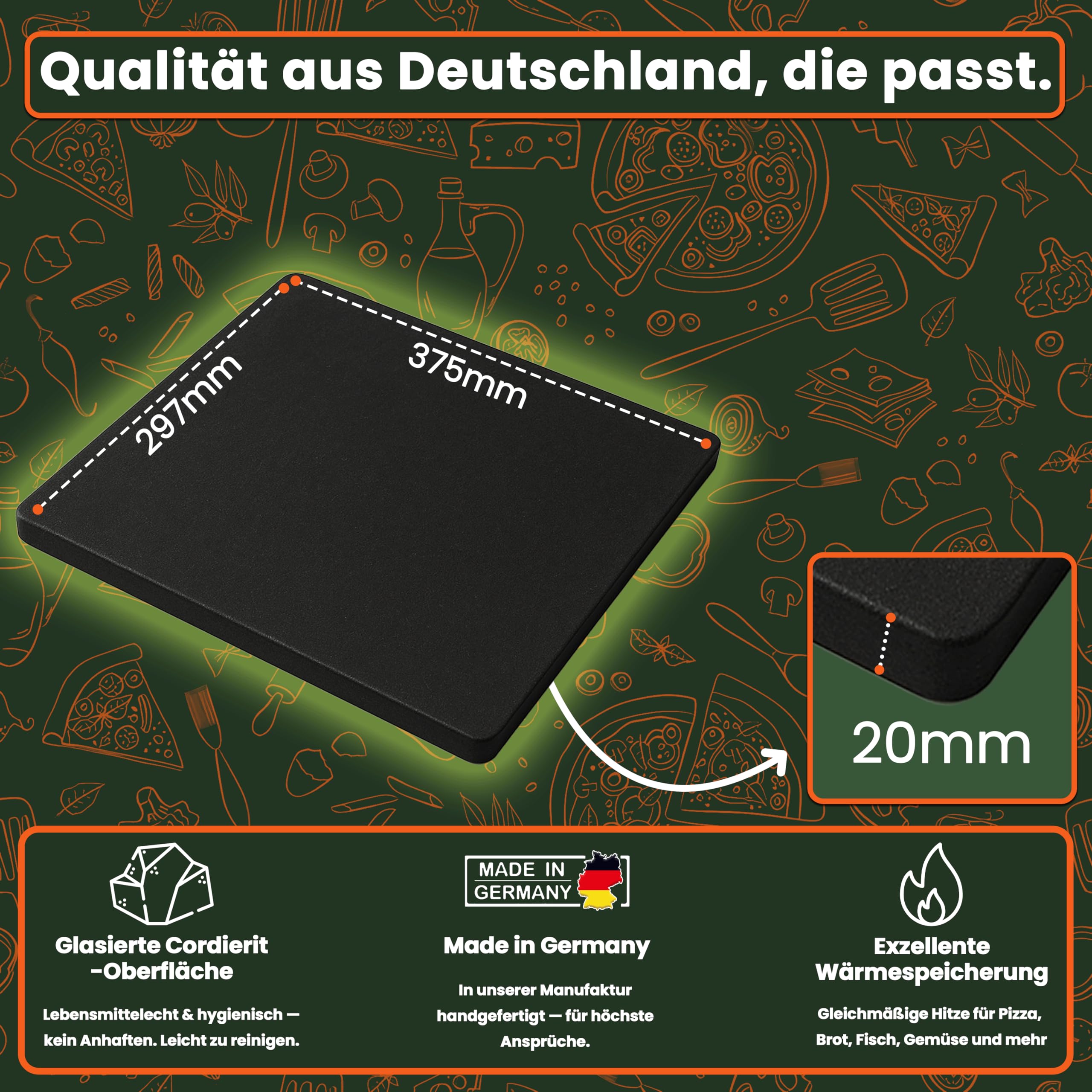 Pizzastein für Backofen & Grill – 375x297x20mm Glasierter Cordierit-Backstein, Rissbeständig für Brot & Heißer Stein-Grillen – Din En1388-1 zertifiziert – Made in Germany | Rechteckige Form, für Elektrogrill & Pizzaöfen geeignet, hitzebeständig bis 900°C,