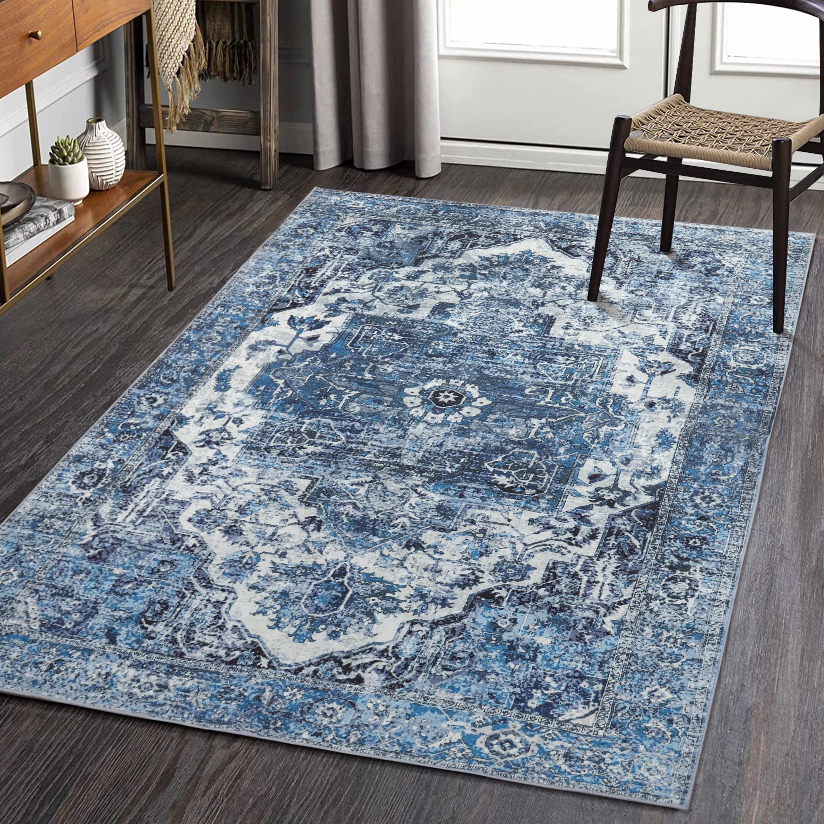 ROYHOME Area Rug 5x7 Machine Washable Vintage Rug Foldable Accent Rug Non-Slip Low-Pile Persian Rug Indoor Distressed Carpet for Living Room Bedroom Dining Room, 5' x 7' Blue