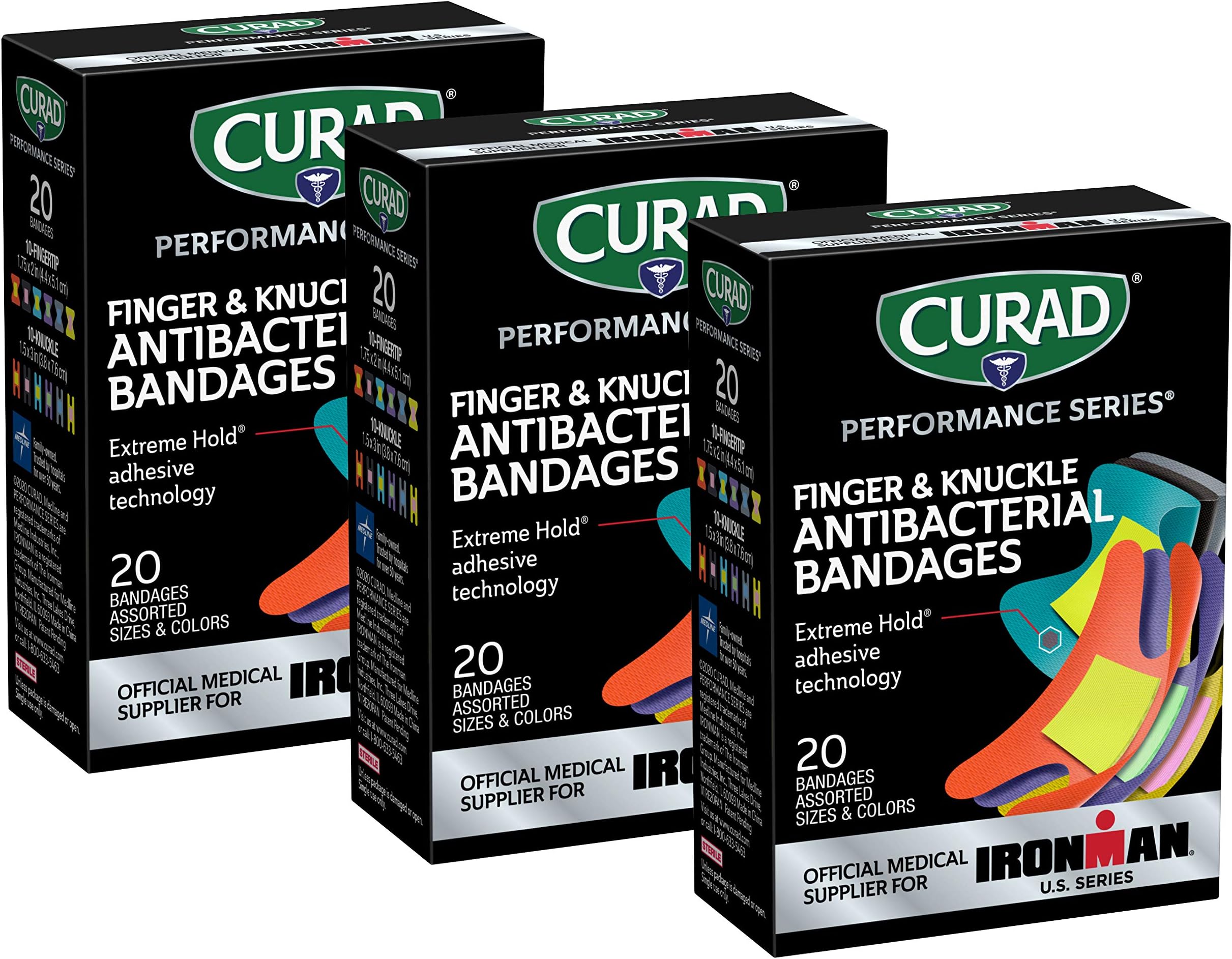 Performance Series IRONMAN Antibacterial Bandages, Extreme Hold Adhesive Technology, Finger & Knuckle Bandages, Flexible Fabric, Variety Pack with Assorted Sizes & Colors, ( Pack of 3)