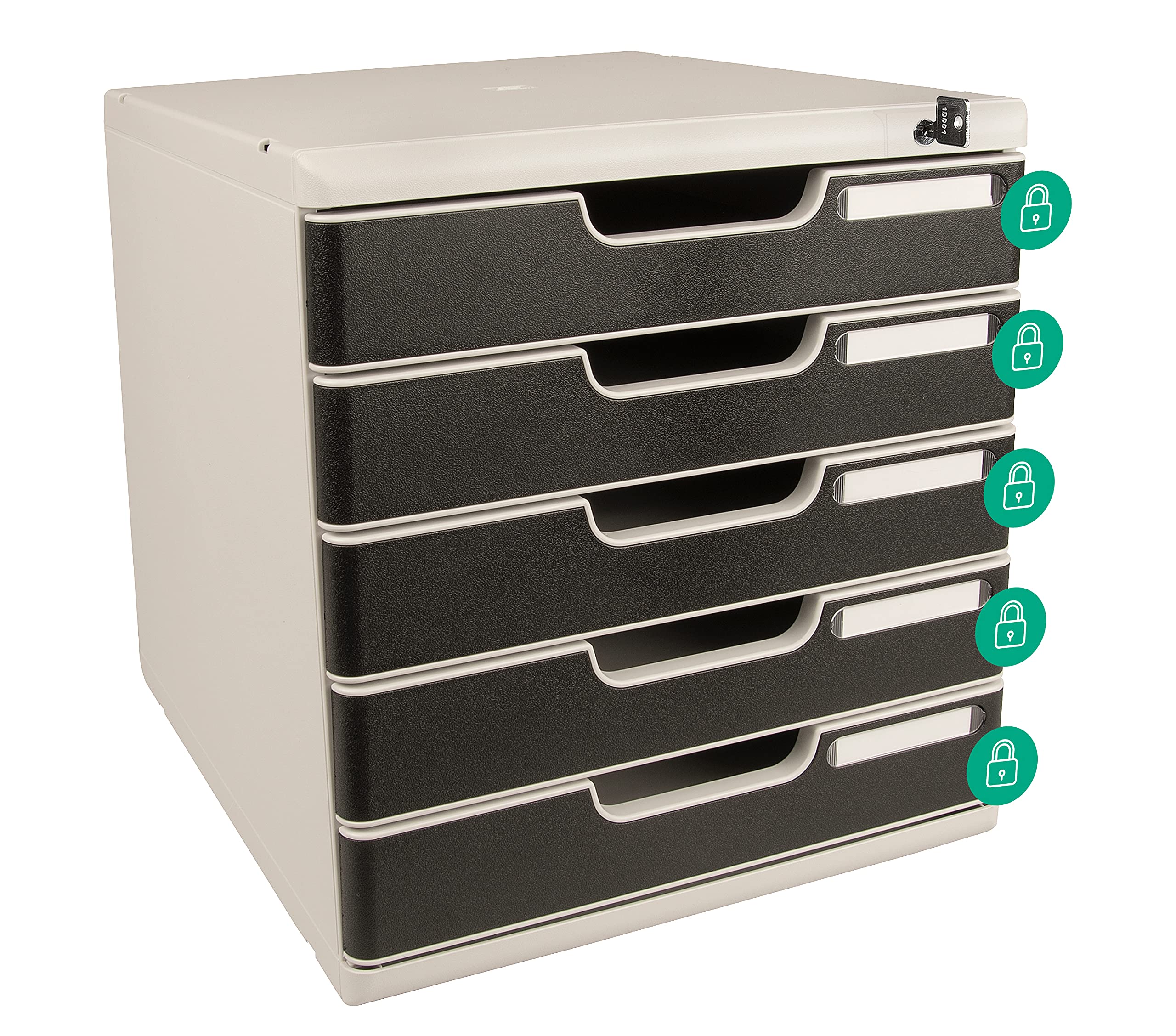 Exacompta - Rif. 331014D MODULO A4 - Cassettiera a 5 cassetti con chiusura a chiave per documenti A4+ - Dimensioni esterne: profondità 35 x larghezza 28,8 x altezza 32 cm - grigio chiaro/nero