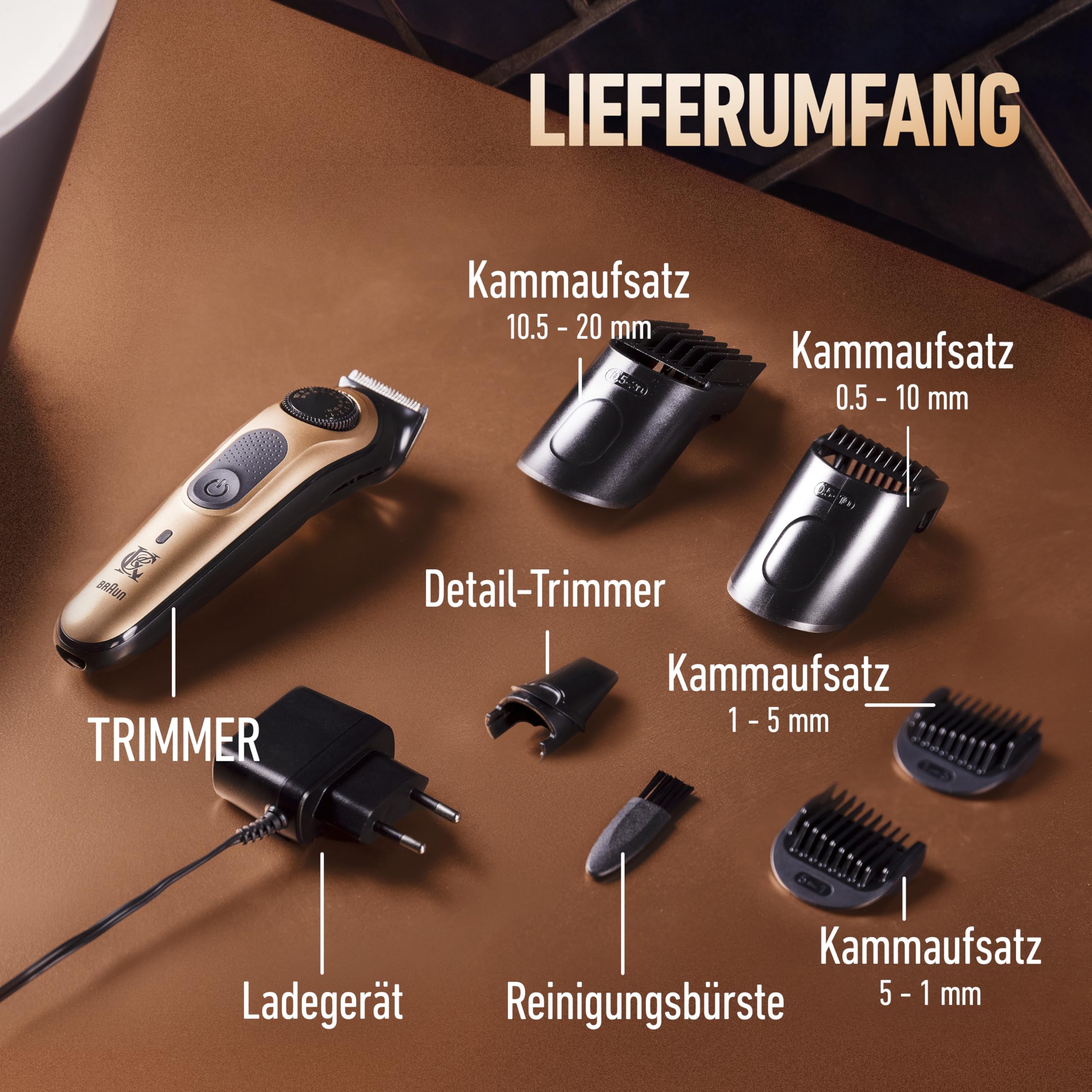 King C. Gillette Barttrimmer Pro, Bartschneider Herren, Kupfer | Trimmer mit Präzisionsrad, Kabelloser Bart Rasierer, Inkl. Reinigungsbürste, 3 Auswechselbare Kammaufsätze Und Ladegerät