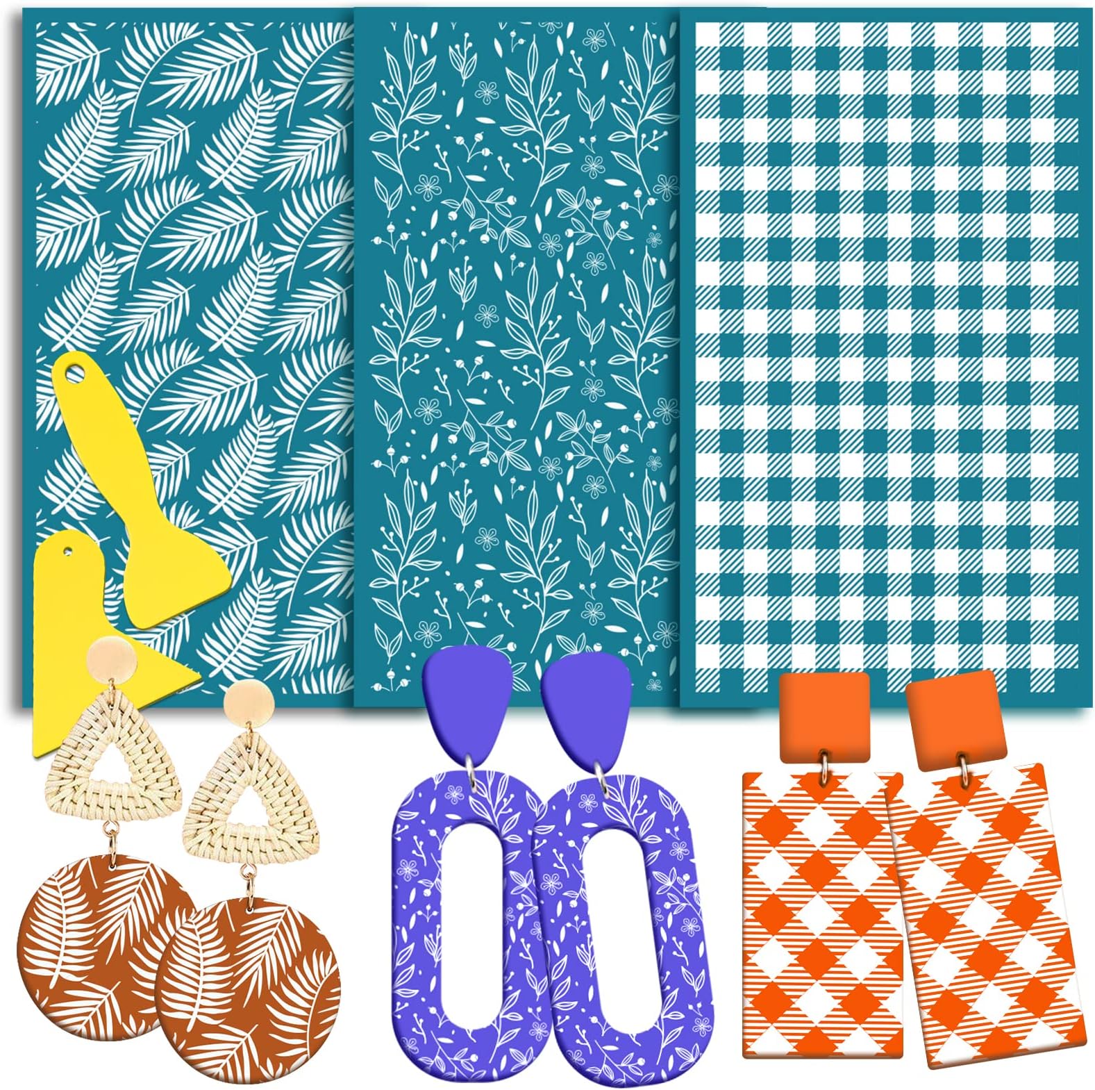 Juome Silk Screen Stencils for Polymer Clay, 3Pcs Reusable Silk Screens Printing Kit with 2Pcs Scrapers, Polymer Clay Tools for Earring Jewelry Making