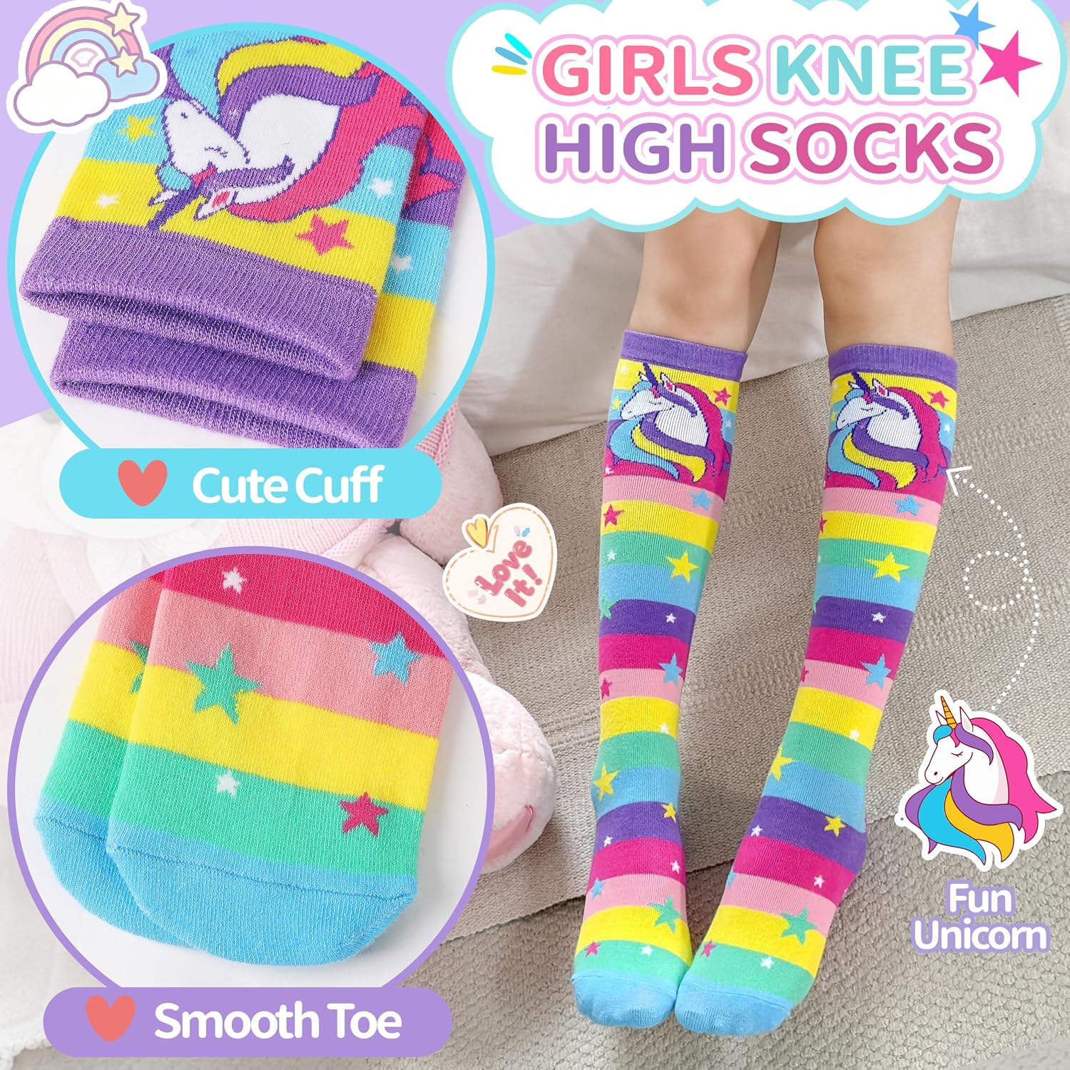 MOGGEI 6 Pairs Kids Girls Knee High Socks Gift Long Crazy Silly Tall Funny Boot Cute Animal Child Fun Socks