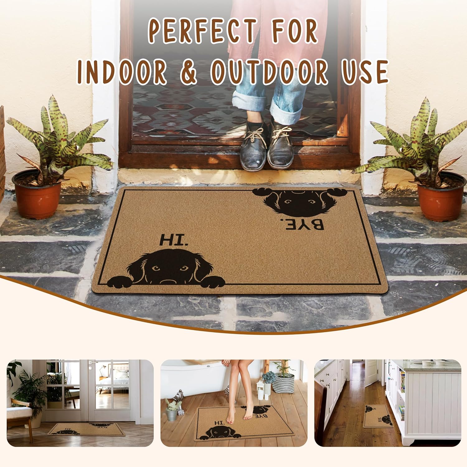 Funny Black Dog Door Mat, Hi Bye Dogs Front Door Mat Outside Entrance, Black Dog Themed Welcome Artificial Coir Doormat Rugs for Indoor Patio Porch Entryway Entry, 17x30 Inch