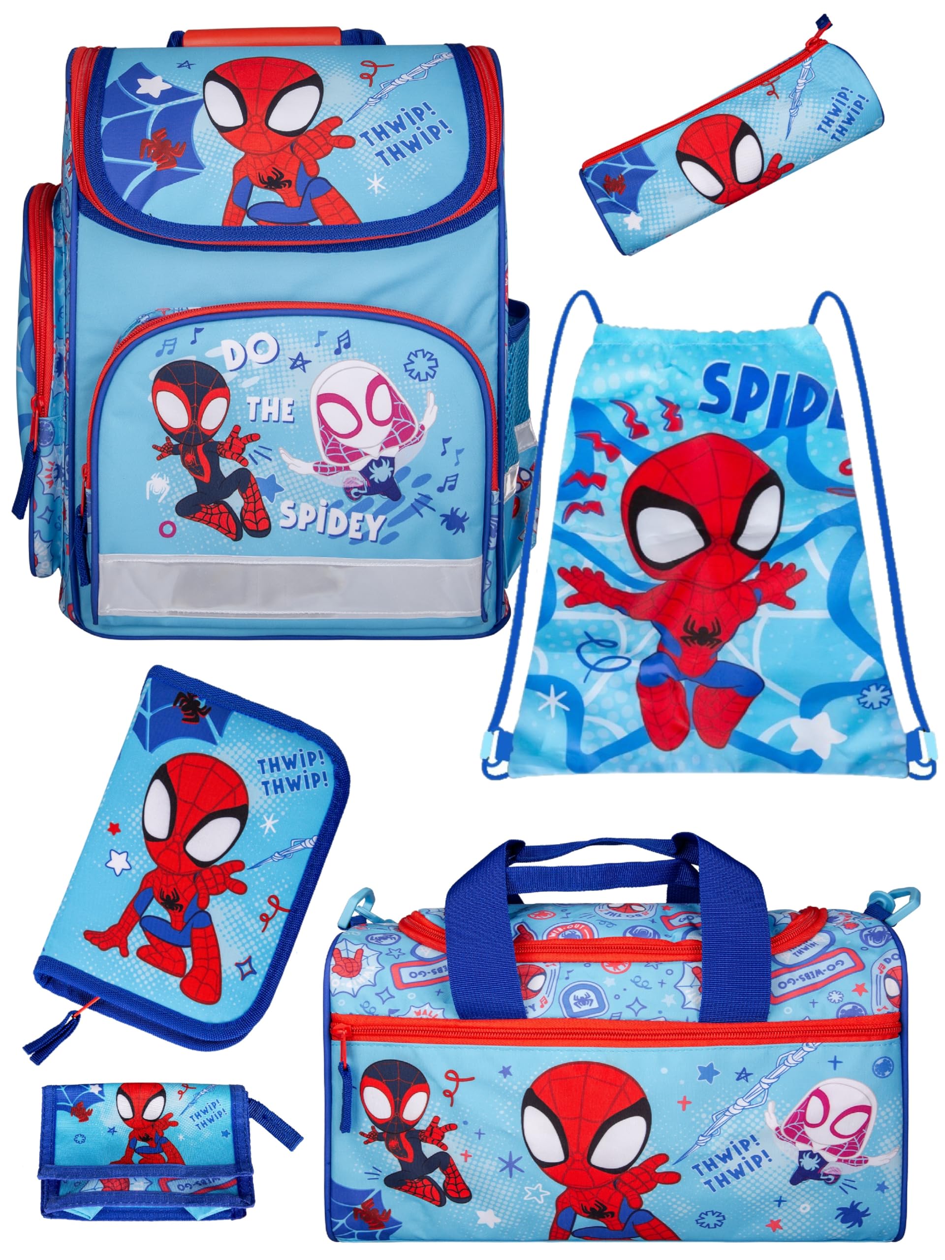 Familando - Schulranzen-Set für Spiderman Fans - Spidey & Friends - 6-teilig mit Sporttasche - Ergonomisch, stabil & mit gepolstertem Rücken - 930g leicht - 15L Volumen - Für Grundschule ab 1. Klasse
