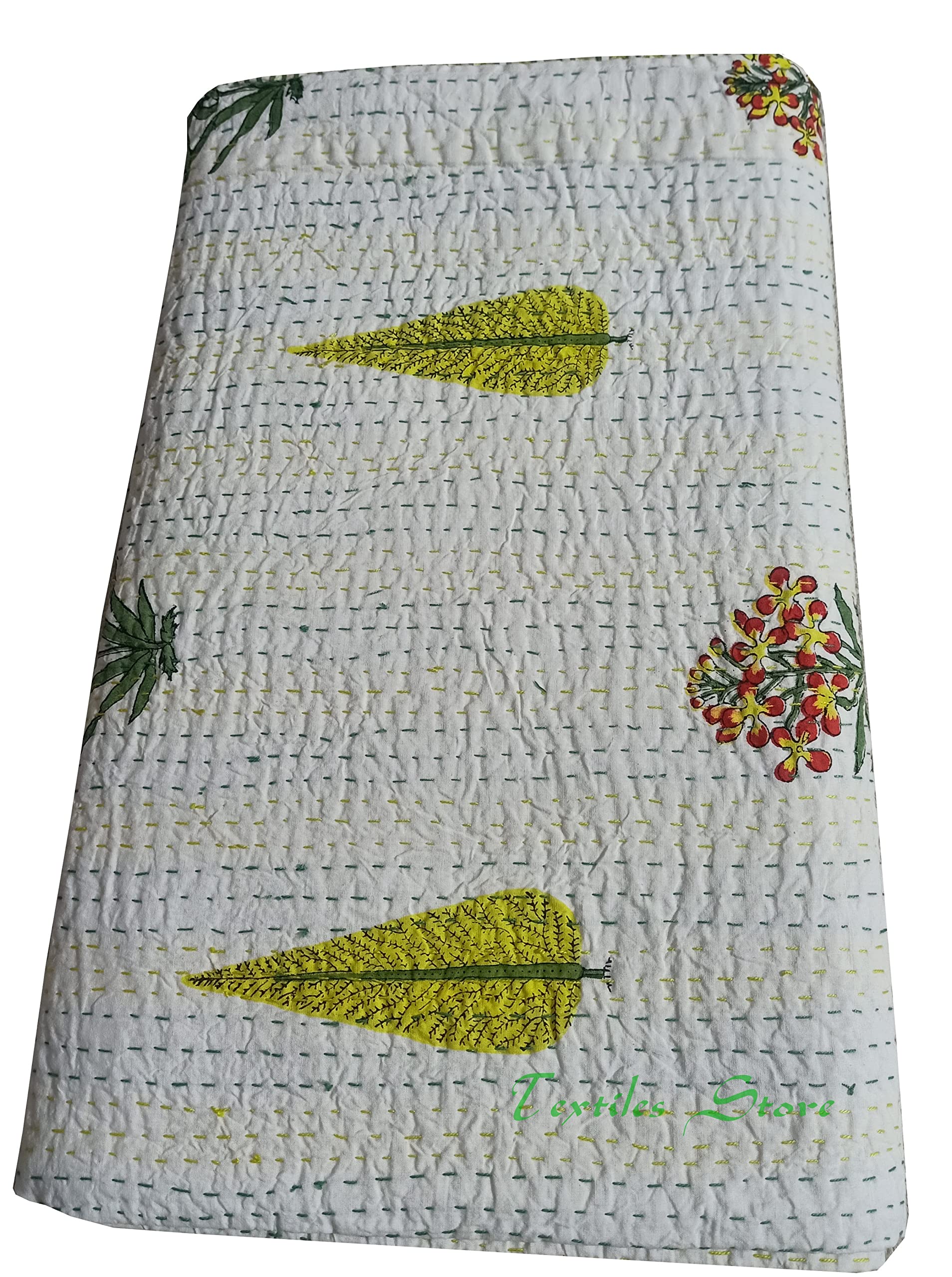 Couvre-lit indien Kantha fait main en coton imprimé chic bohème