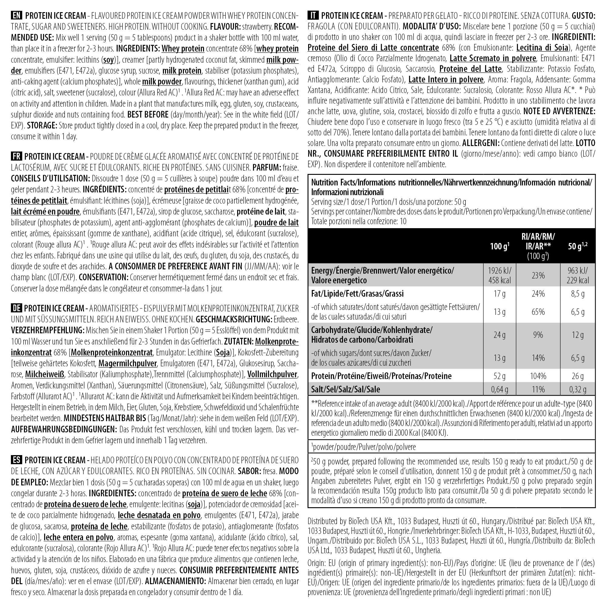 BioTechUSA Protein Ice Cream, Préparation instantanée pour crème glacée enrichie en protéines de lactosérum concentré, 500 g, Fraise