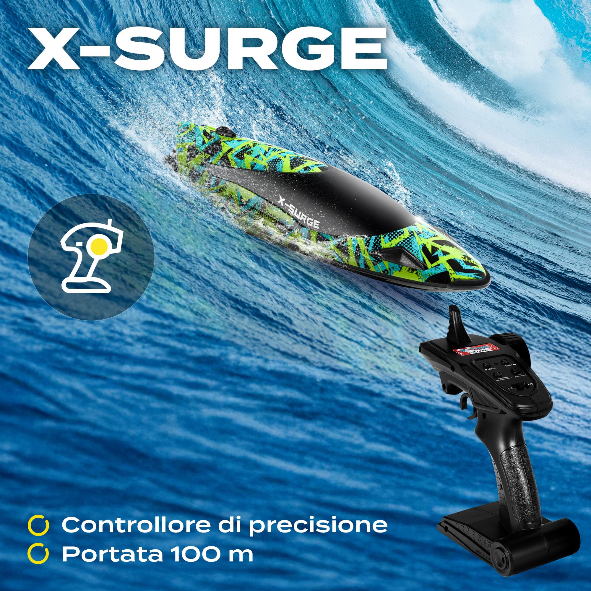 OVERMAX X-SURGE Barca da Corsa RC Telecomandata con Luce LED 35 km/h 1200 mAh Batterie 30 min di Divertimento Controllo Velocità Portata fino a 100 m, Giocattolo per Piscine e Laghi