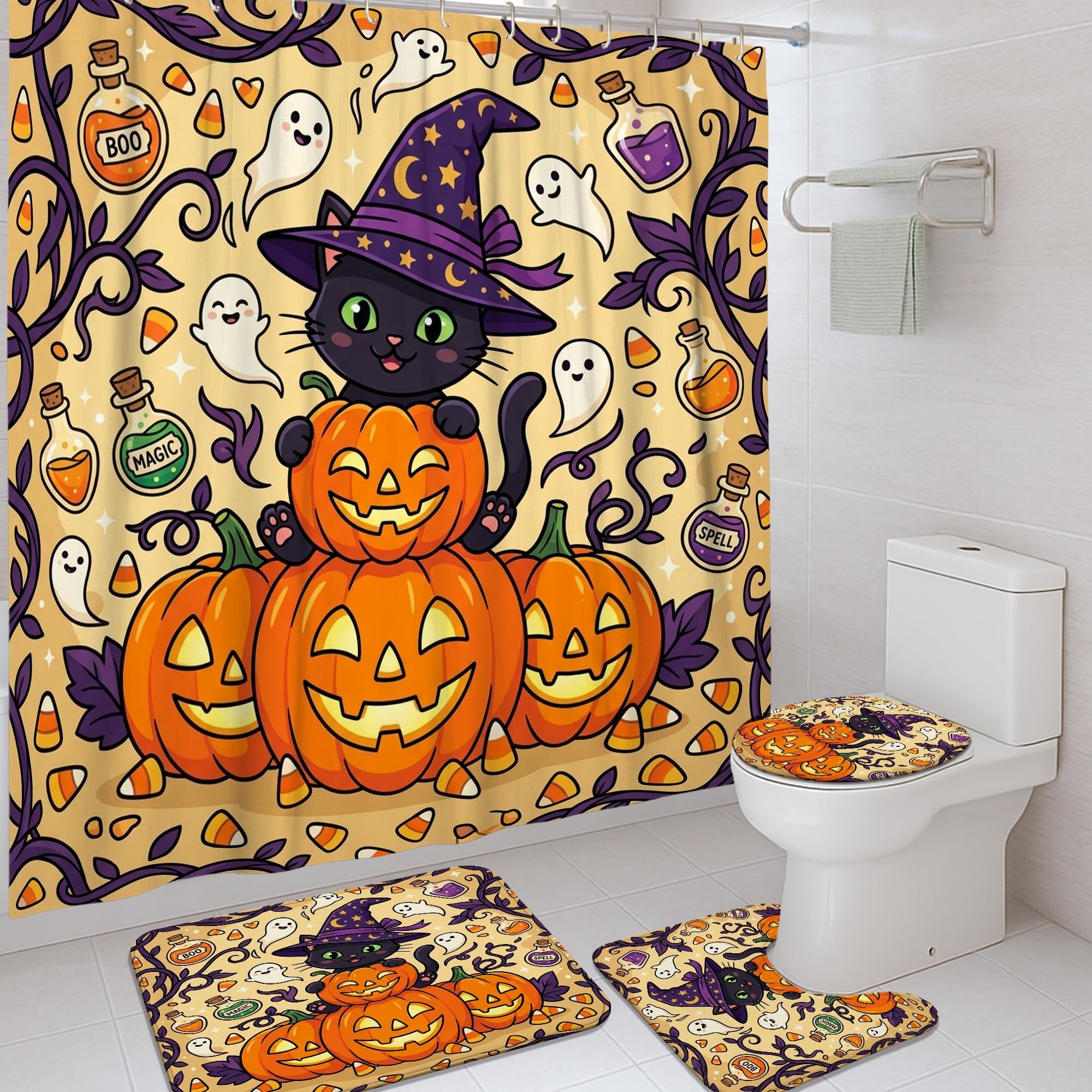Rideau de douche Halloween chat et citrouille avec tapis pour un bain festif en appartement